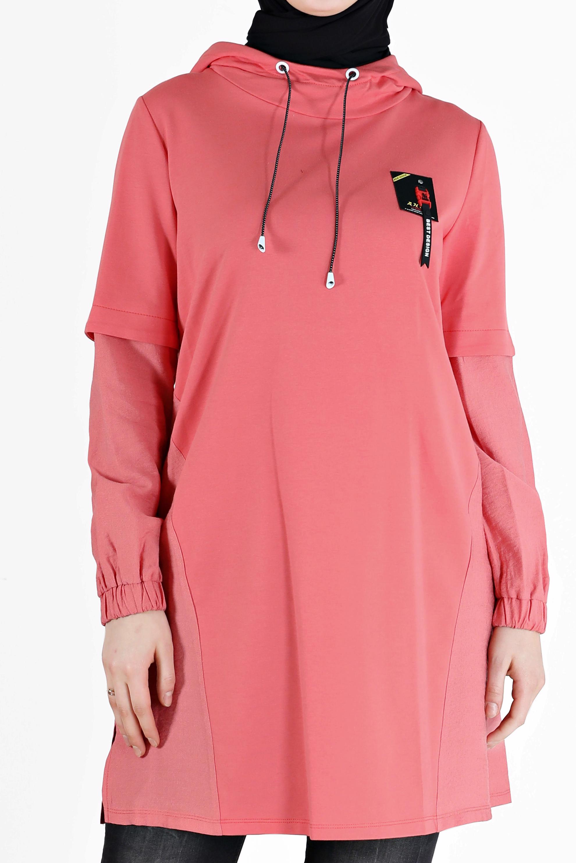 Tesettür giyim MERCAN MANŞETLERİ LASTİKLİ KAPÜŞONLU TUNİK 41683