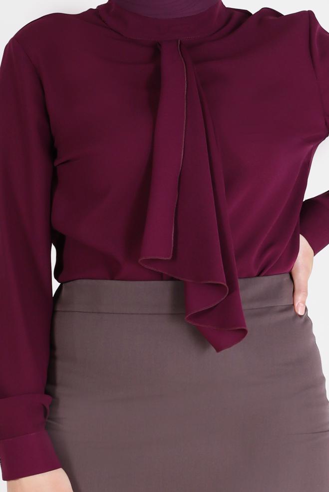 Vêtements hijab PRUNE CHEMISIER EN CRÊPE DÉTAILLÉ ÉCHARPE 20183 - ALVİNA