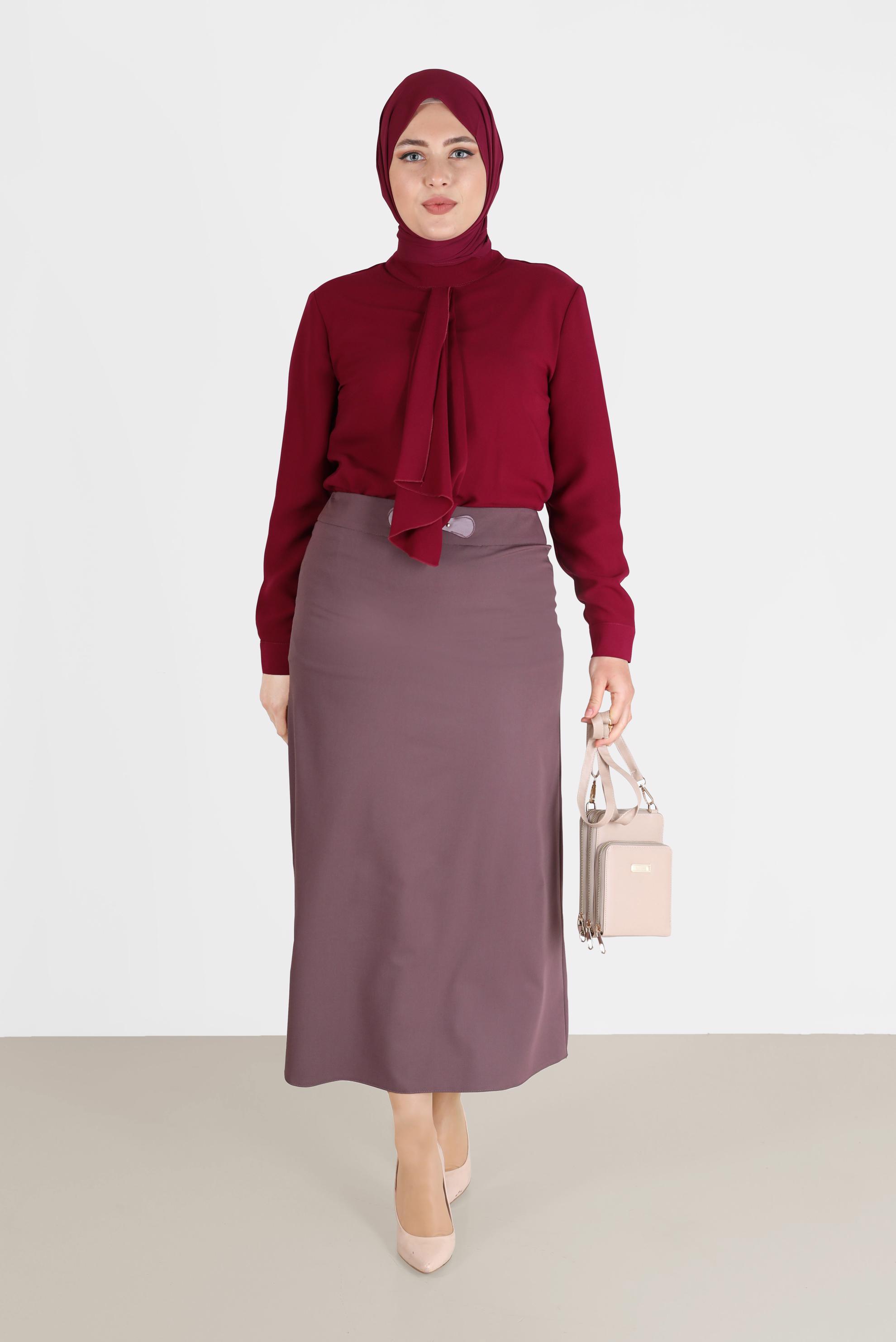 Vêtements hijab POURPRE CHEMISIER EN CRÊPE DÉTAILLÉ ÉCHARPE 20183