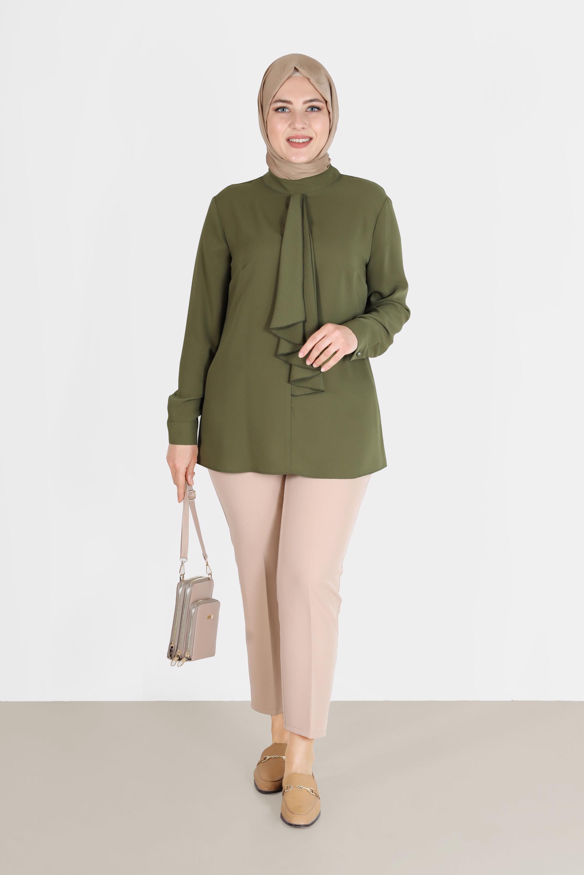 Vêtements hijab VERT CHEMISIER EN CRÊPE DÉTAILLÉ ÉCHARPE 20183