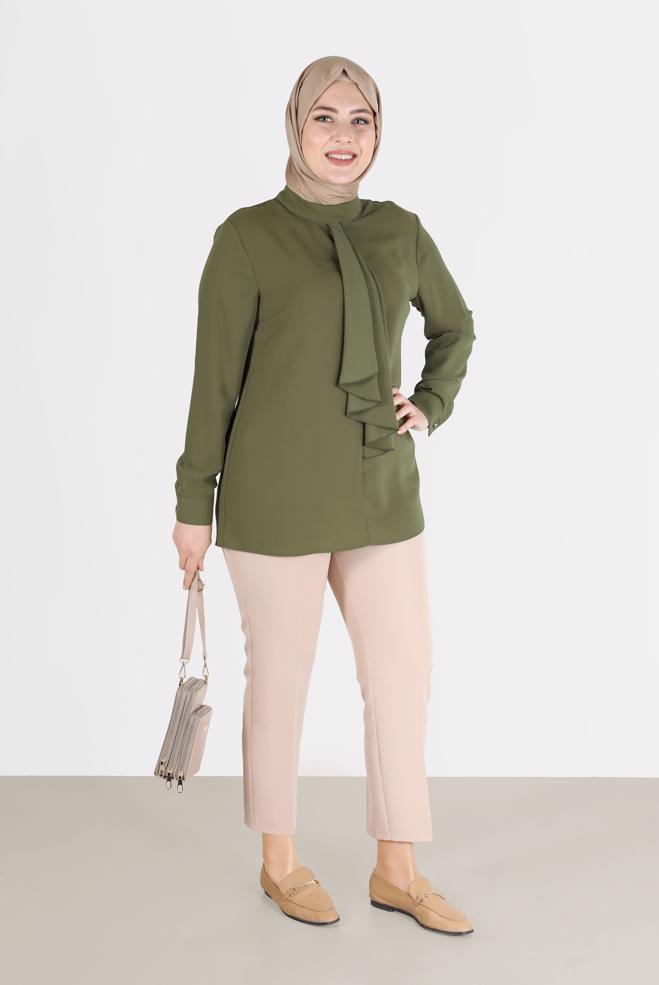 Vêtements hijab VERT CHEMISIER EN CRÊPE DÉTAILLÉ ÉCHARPE 20183 - ALVİNA