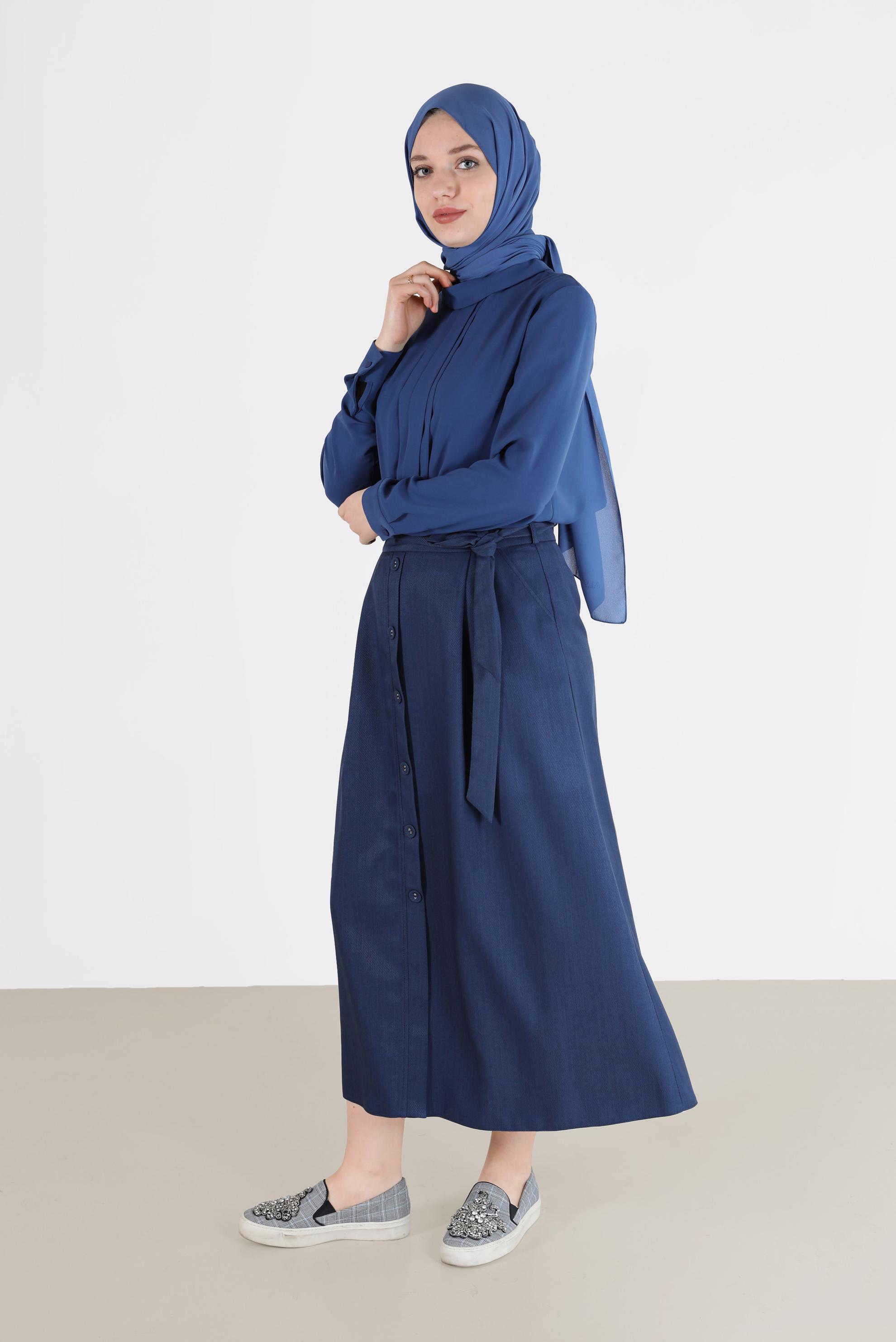 Tesettür giyim LACİVERT ÖNÜ DİKİŞ DETAYLI FERMUARLI BLUZ 42284 