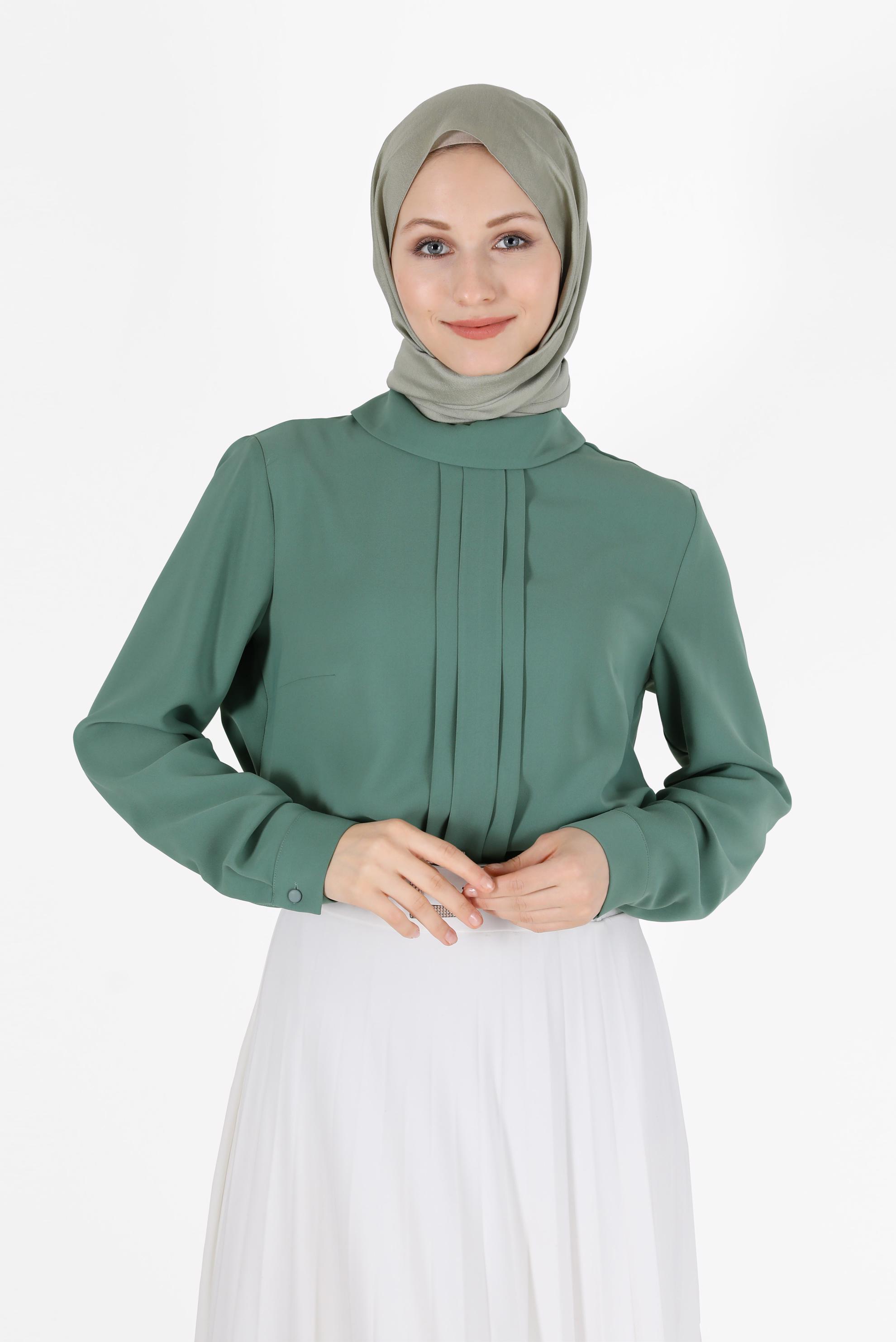 Tesettür giyim MAVİ ÖNÜ DİKİŞ DETAYLI FERMUARLI BLUZ 42284 