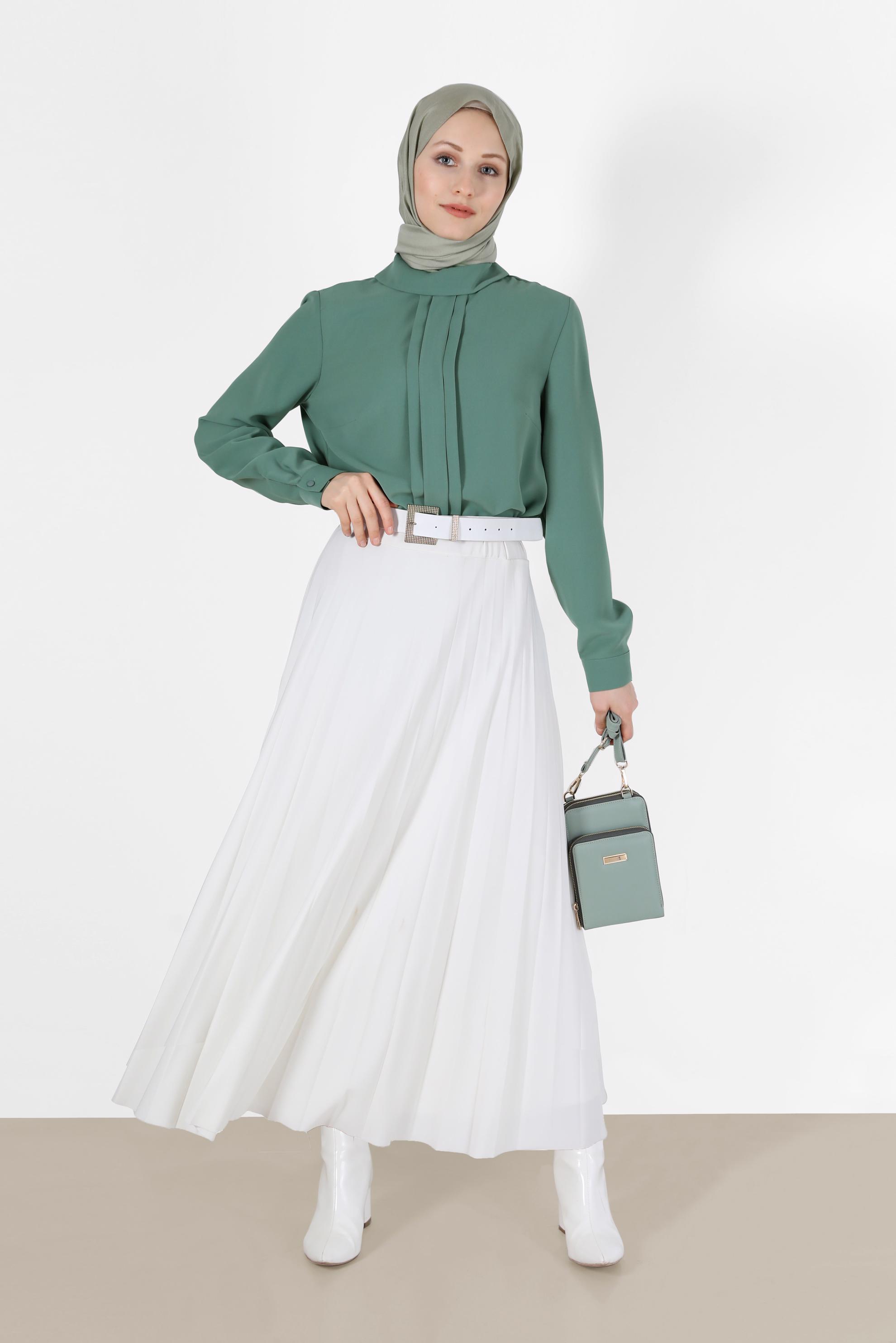 Tesettür giyim MAVİ ÖNÜ DİKİŞ DETAYLI FERMUARLI BLUZ 42284 