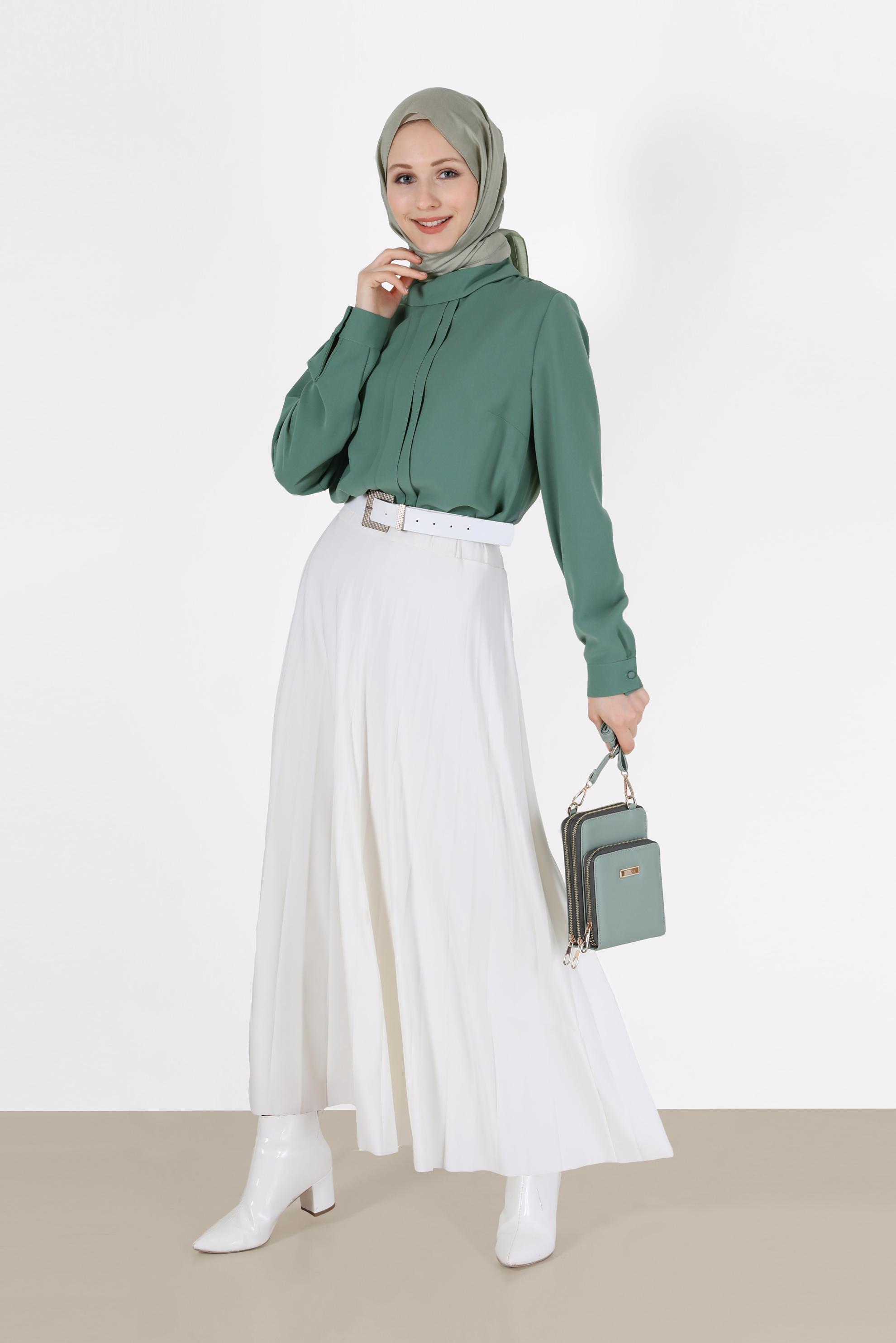 Tesettür giyim MAVİ ÖNÜ DİKİŞ DETAYLI FERMUARLI BLUZ 42284 