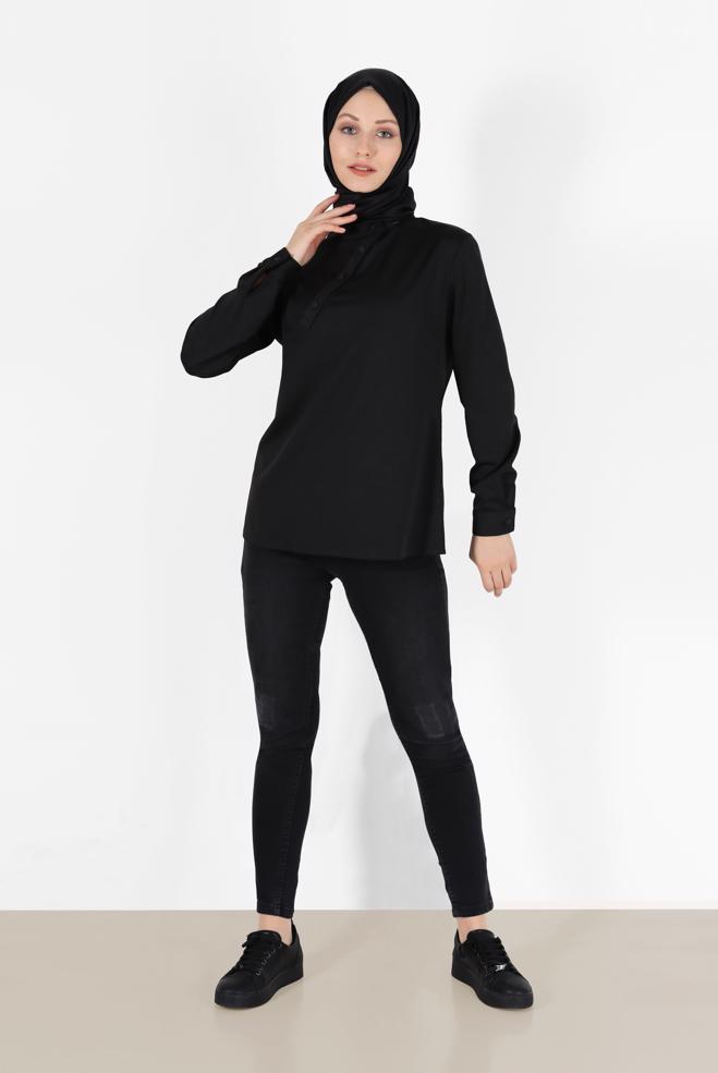Hijab clothing BLACK BUTTON DETAIL BLOUSE 42286  - ALVİNA