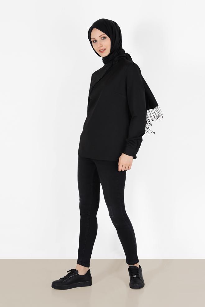 Hijab clothing BLACK BUTTON DETAIL BLOUSE 42286  - ALVİNA