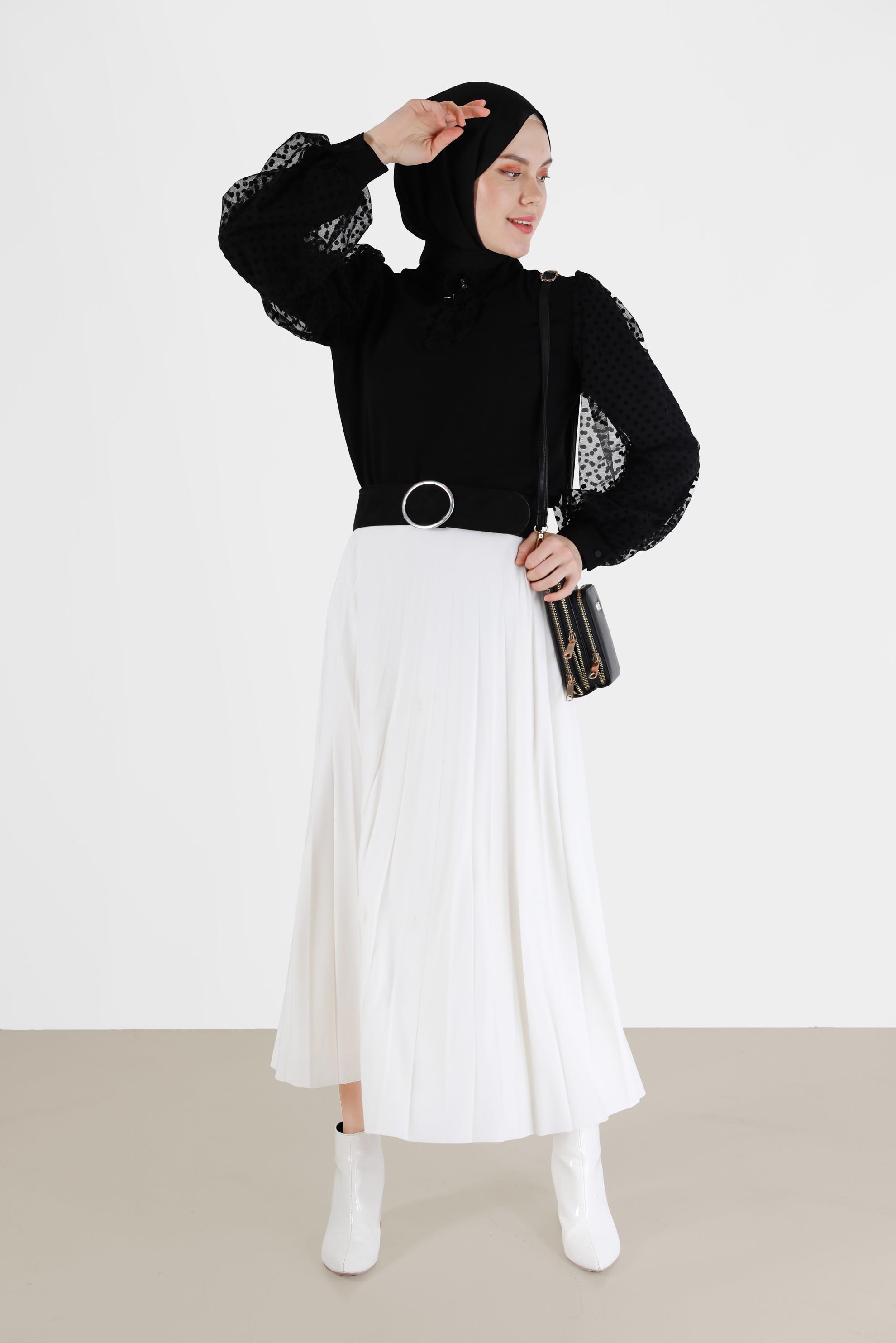 Tesettür giyim SİYAH KOLLARI PUANTİYELİ TÜL DETAYLI KREP BLUZ 42300 