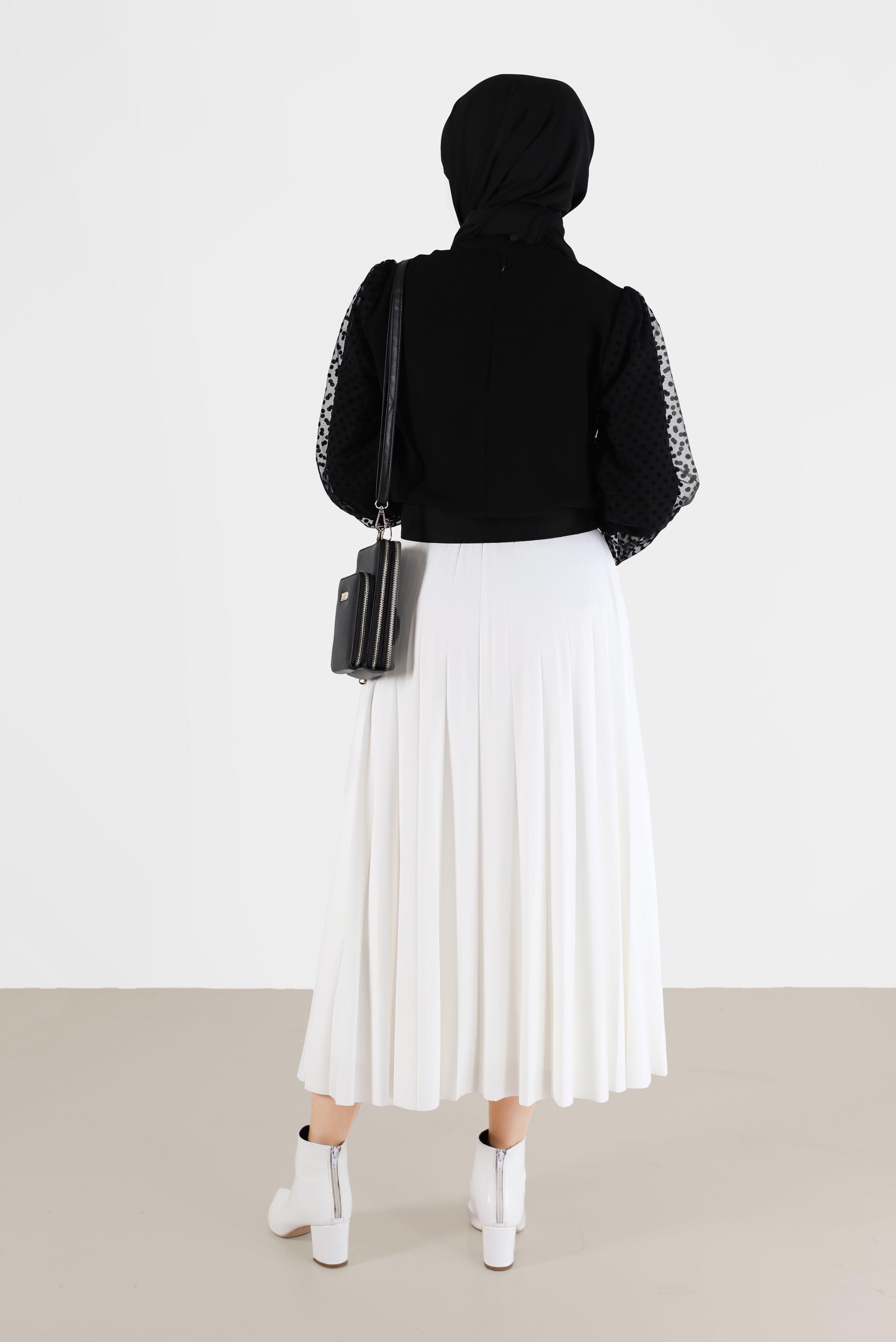 Tesettür giyim SİYAH KOLLARI PUANTİYELİ TÜL DETAYLI KREP BLUZ 42300 