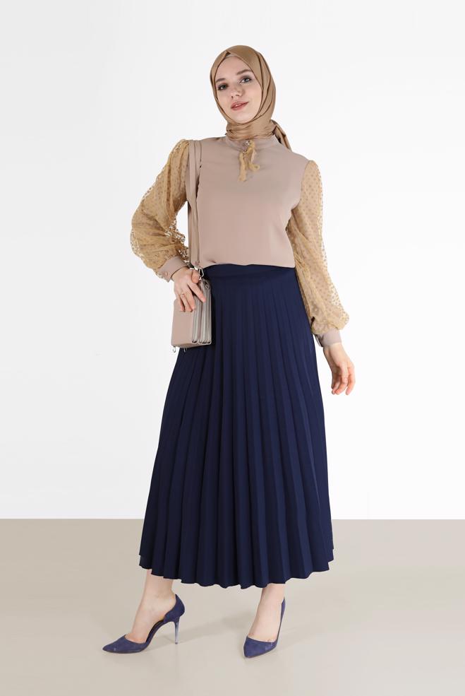 Vêtements hijab BEIGE BLOUSE EN CRÊPE À POIS ET TULLE 42300 - ALVİNA