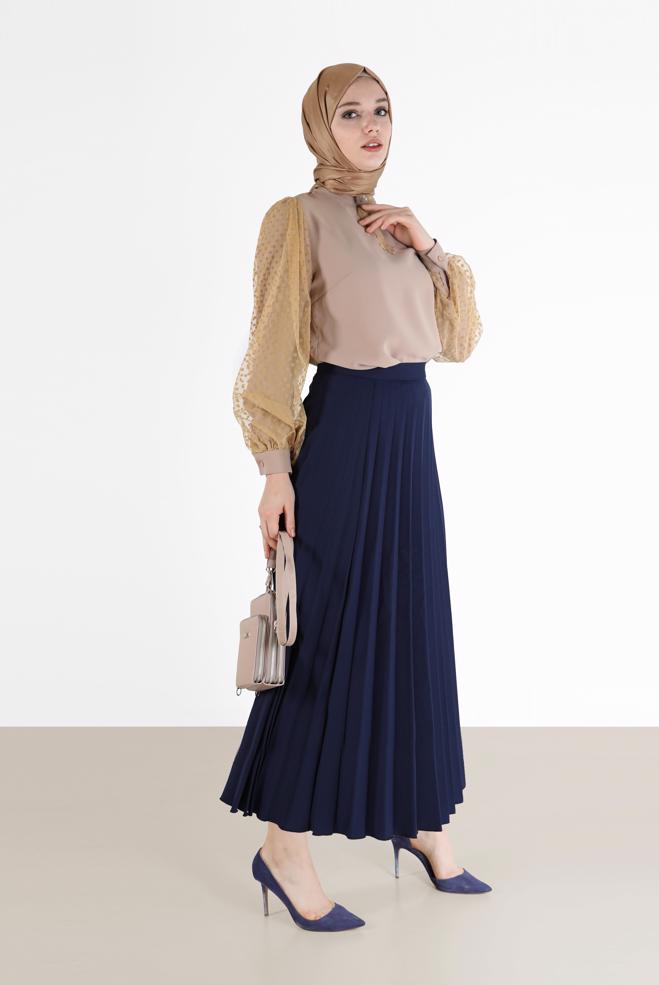 Vêtements hijab BEIGE BLOUSE EN CRÊPE À POIS ET TULLE 42300 - ALVİNA