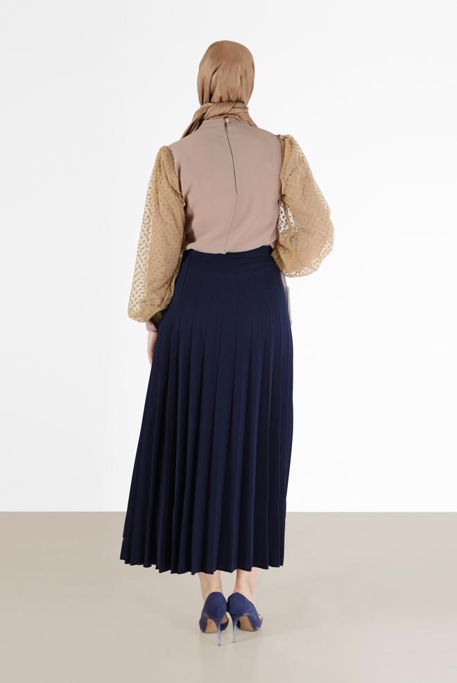 Vêtements hijab BEIGE BLOUSE EN CRÊPE À POIS ET TULLE 42300 - ALVİNA
