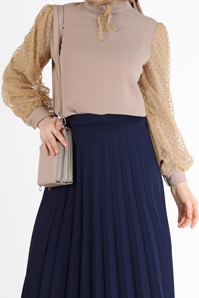 Vêtements hijab BEIGE BLOUSE EN CRÊPE À POIS ET TULLE 42300 - ALVİNA