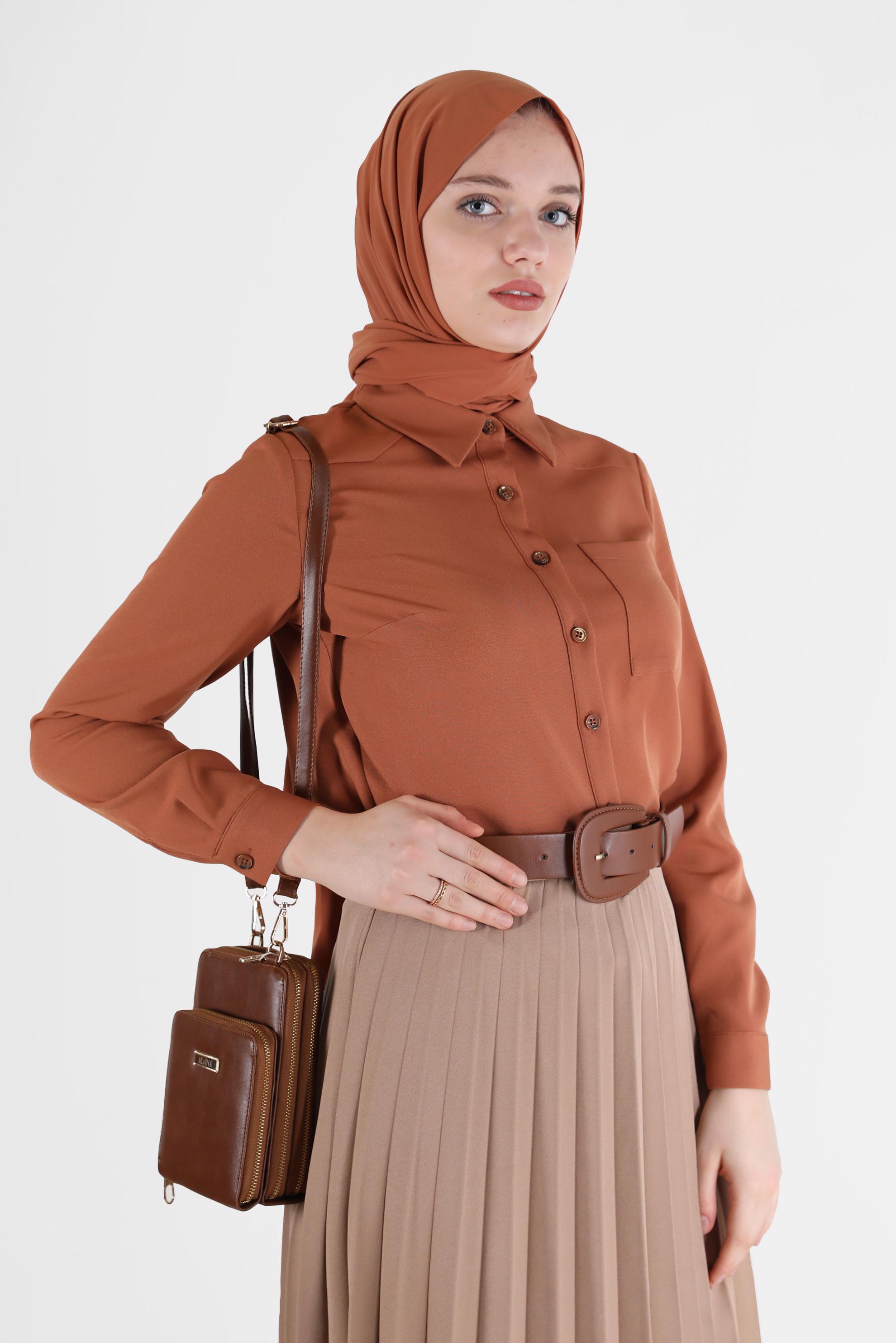 Tesettür giyim TABA DÜĞMELİ CEP DETAYLI BLUZ 42301