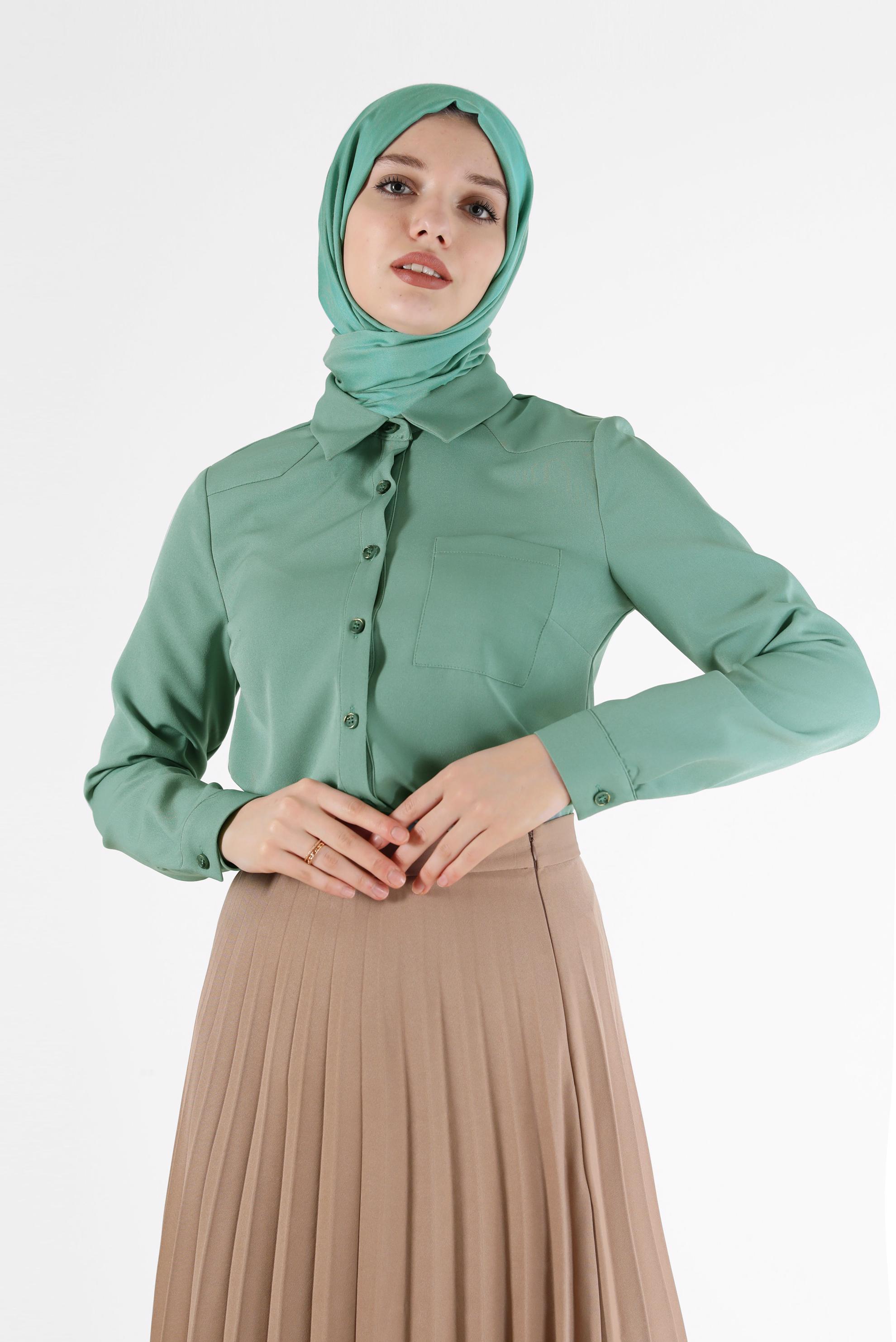 Vêtements hijab VERT BLOUSE À POCHES BOUTONNÉES 42301