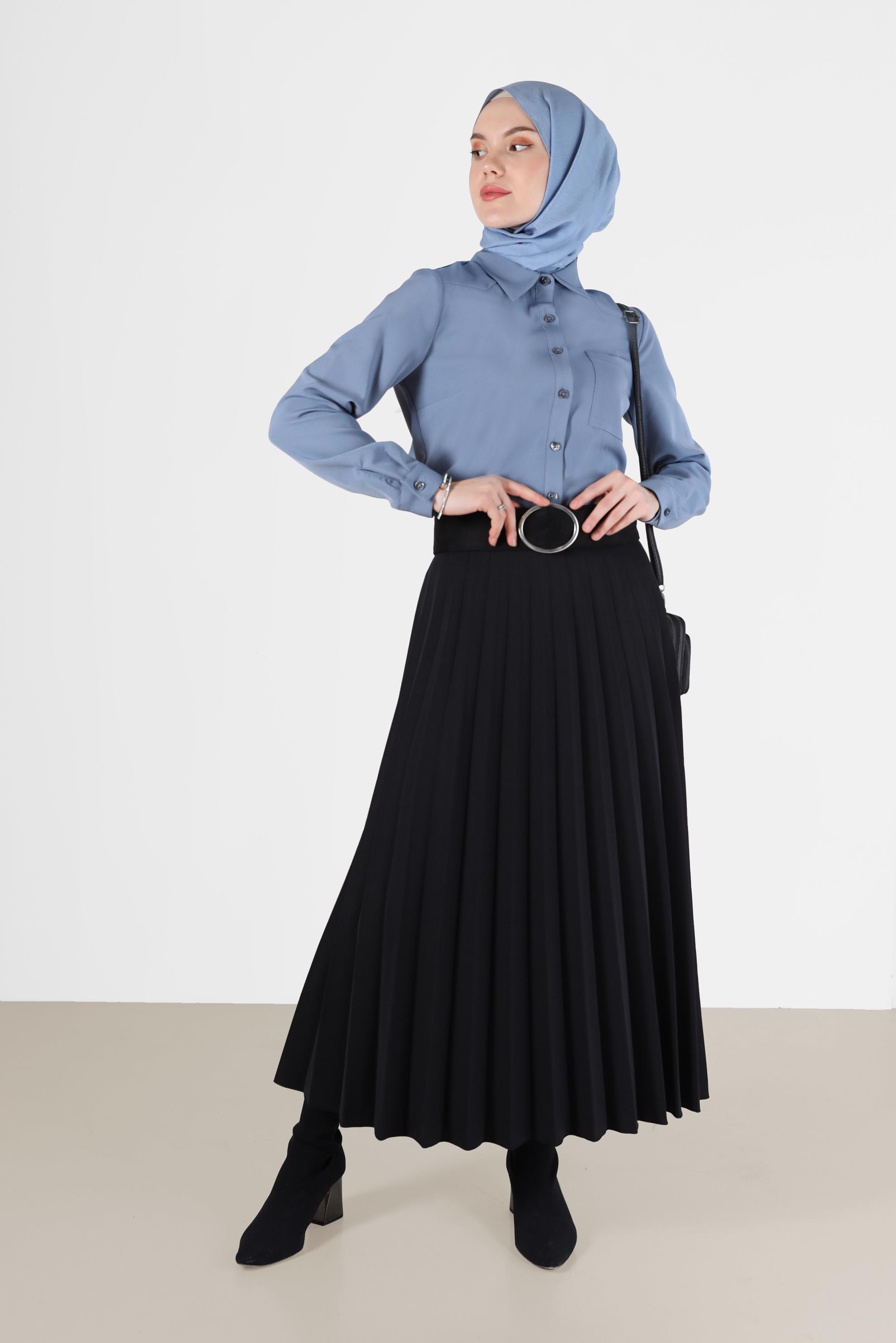 Tesettür giyim MAVİ DÜĞMELİ CEP DETAYLI BLUZ 42301