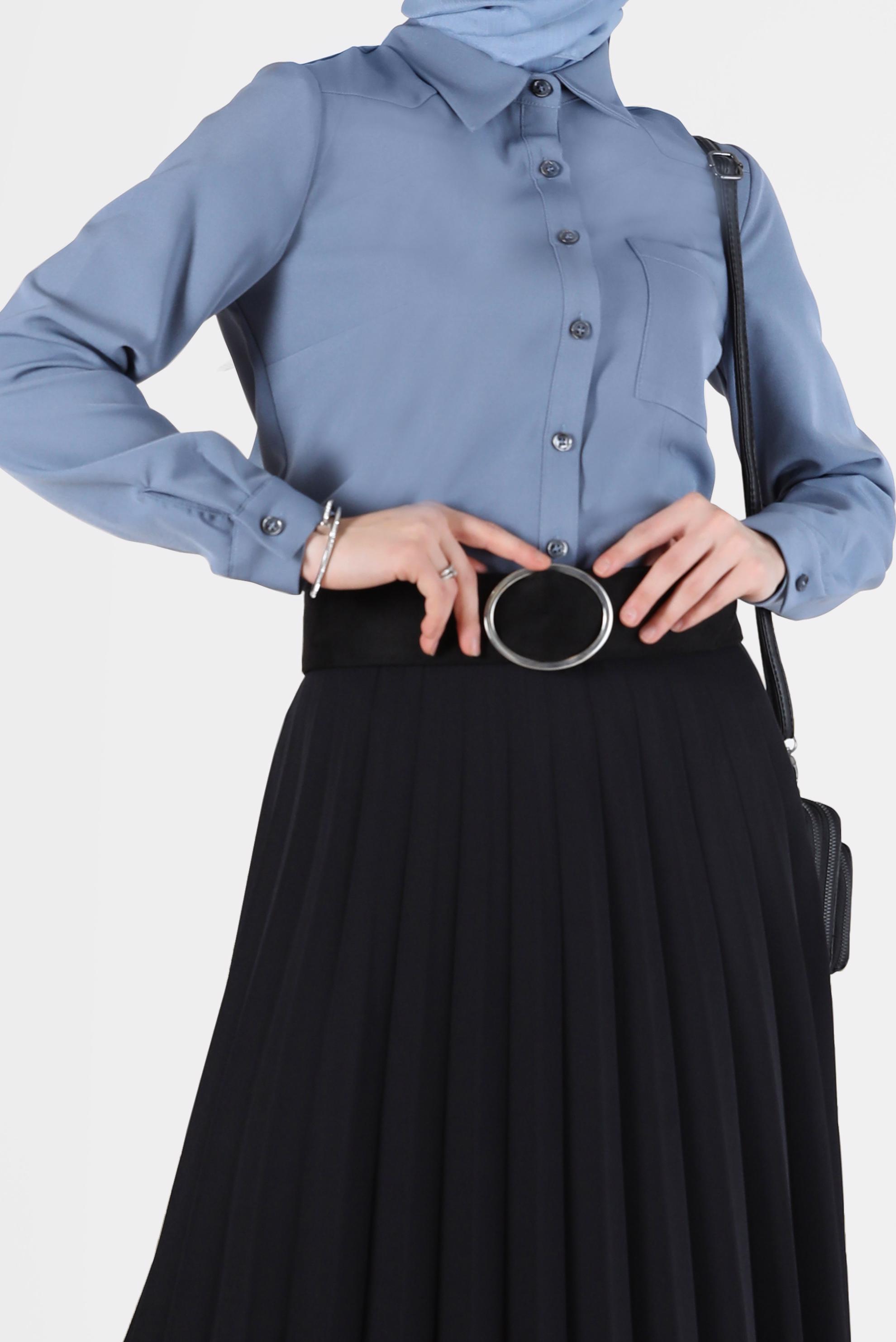 Tesettür giyim MAVİ DÜĞMELİ CEP DETAYLI BLUZ 42301