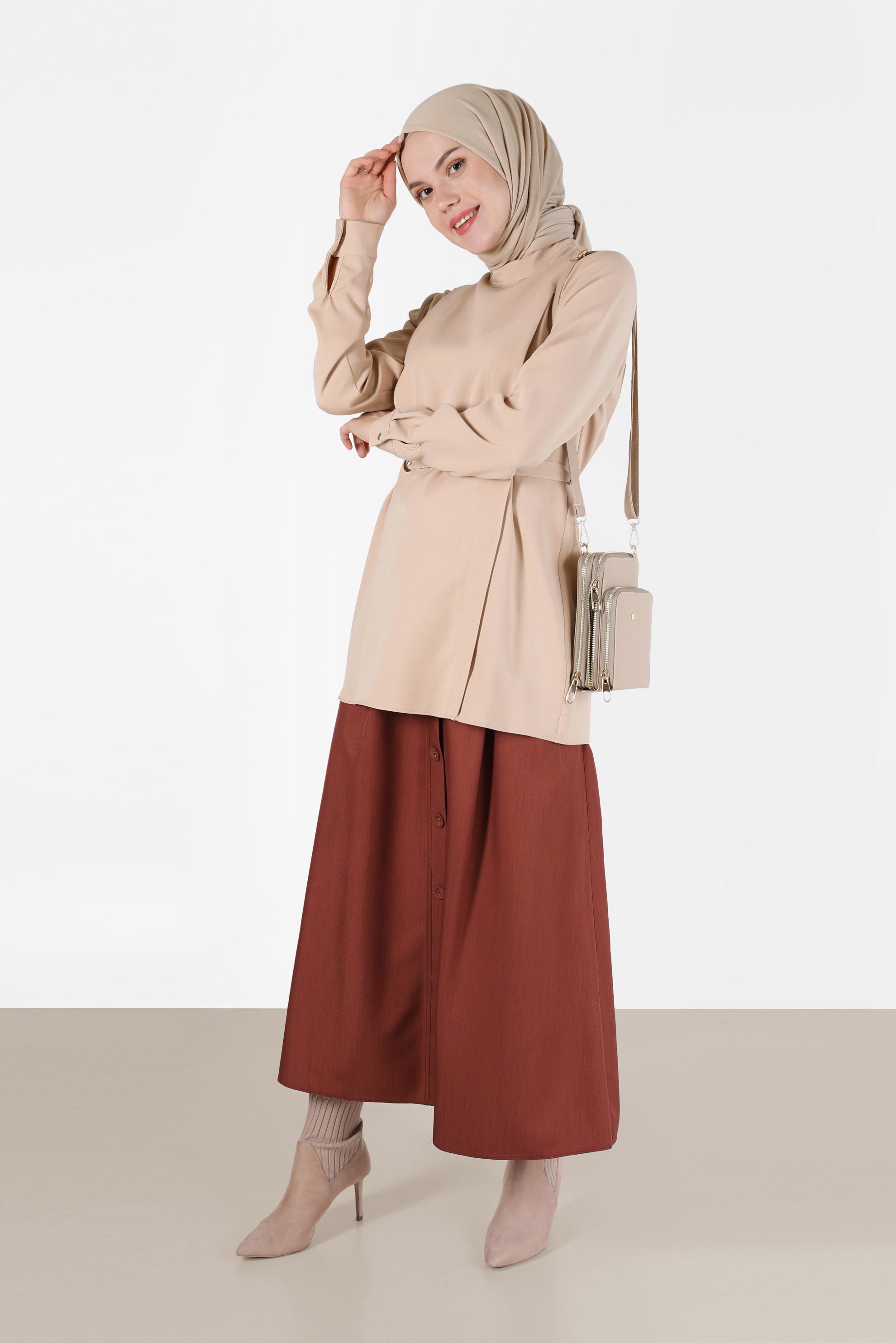 Tesettür giyim BEJ KUŞGÖZÜ DETAYLI BLUZ 42338 