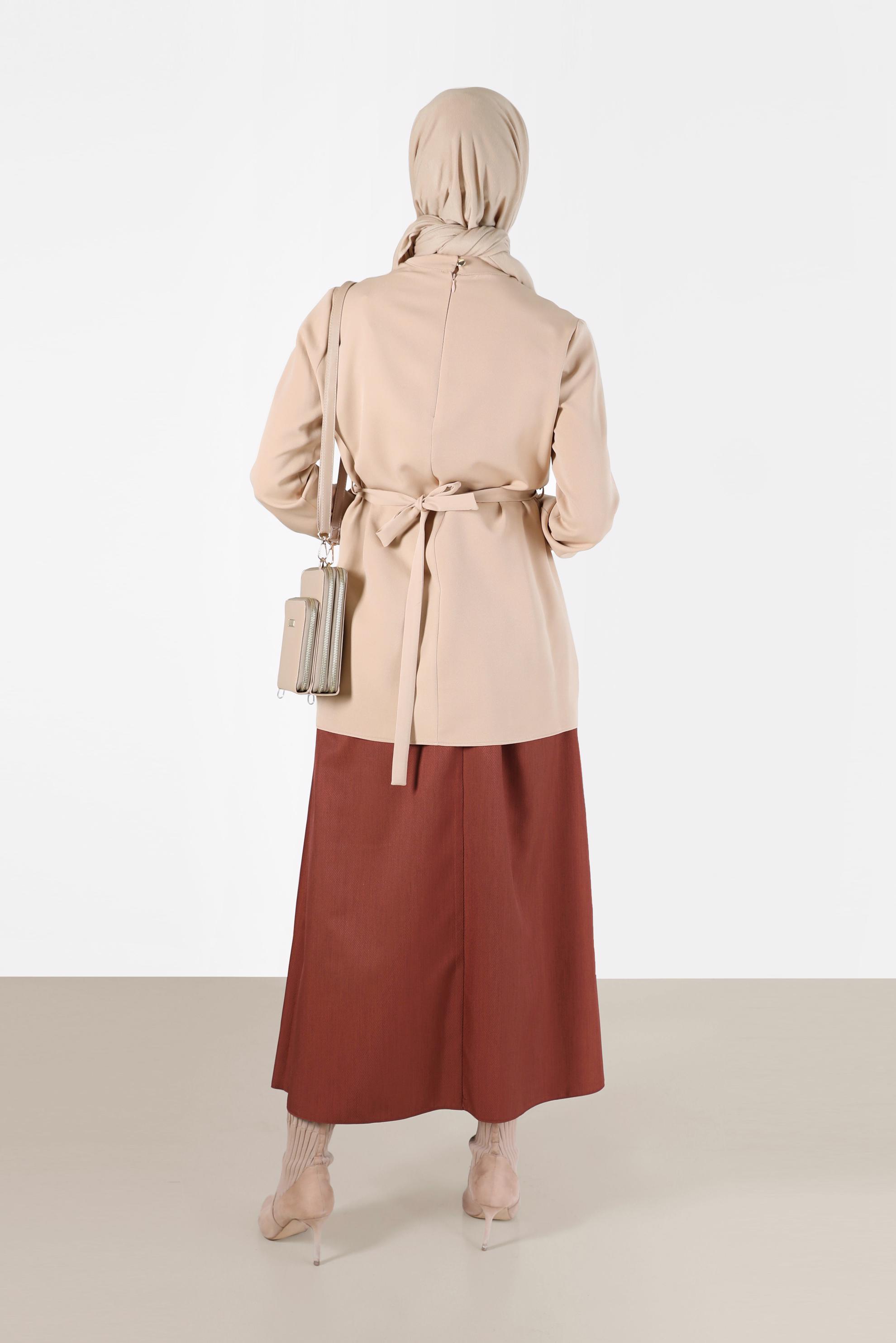 Tesettür giyim BEJ KUŞGÖZÜ DETAYLI BLUZ 42338 