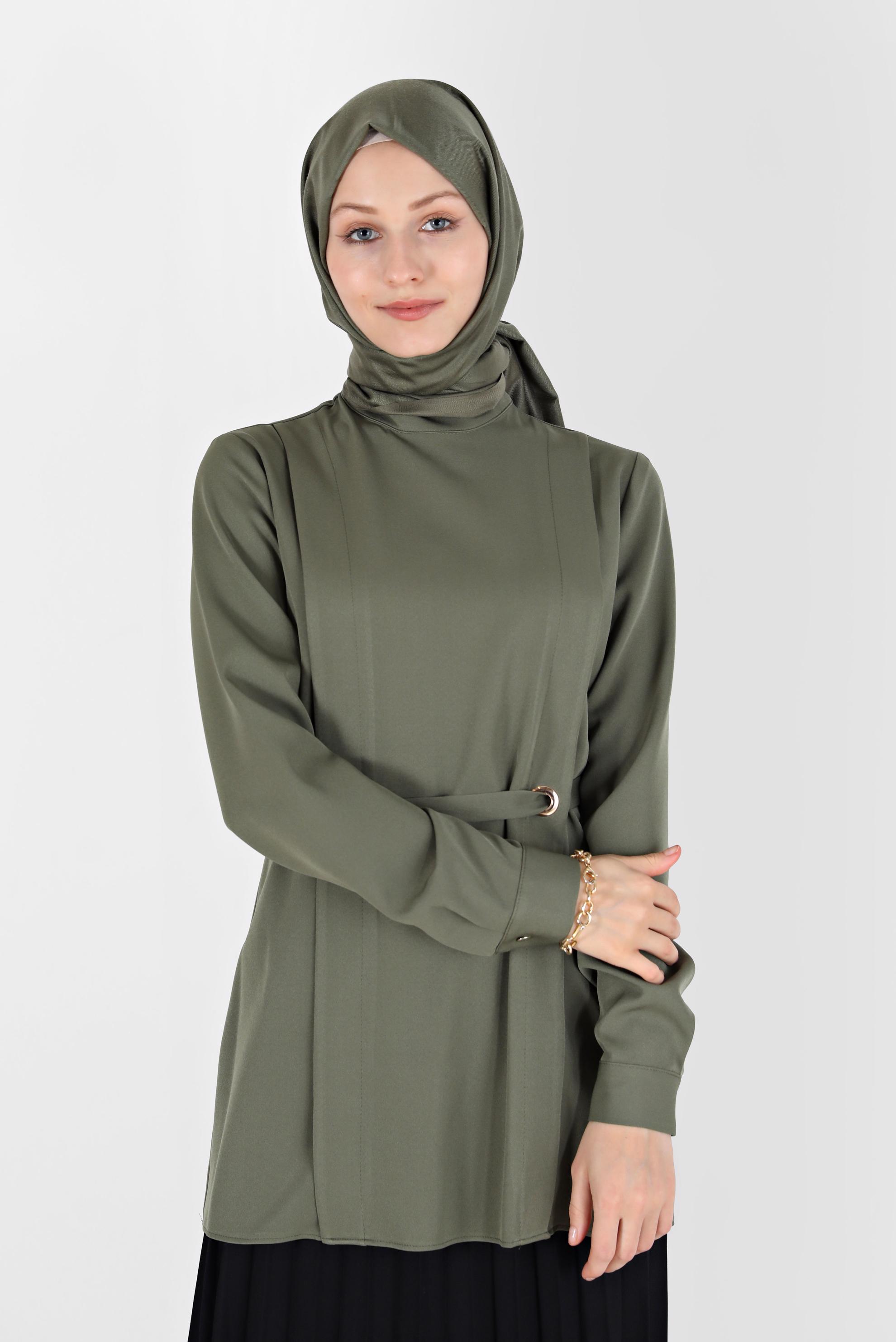 Tesettür giyim HAKİ KUŞGÖZÜ DETAYLI BLUZ 42338 