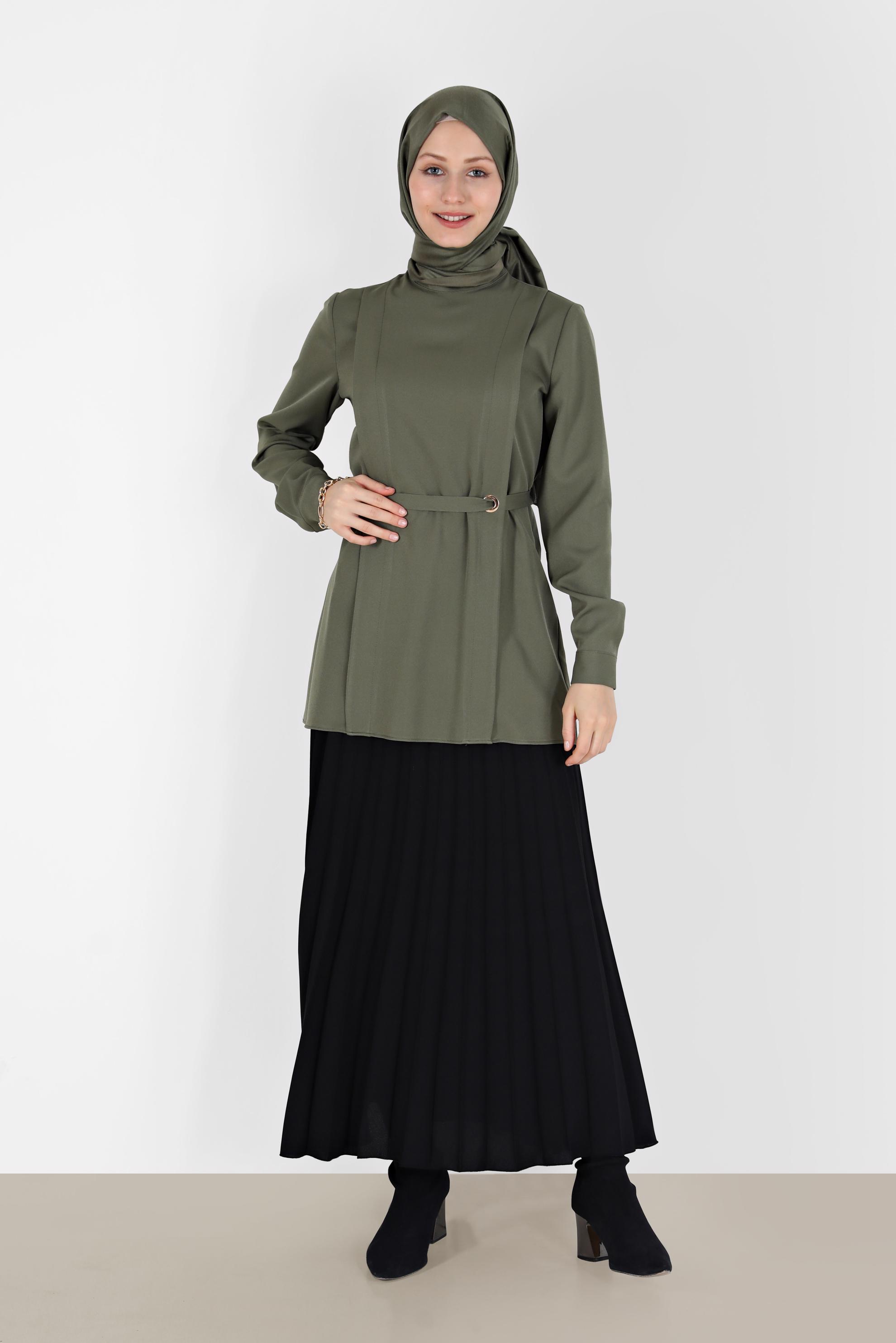 Tesettür giyim HAKİ KUŞGÖZÜ DETAYLI BLUZ 42338 