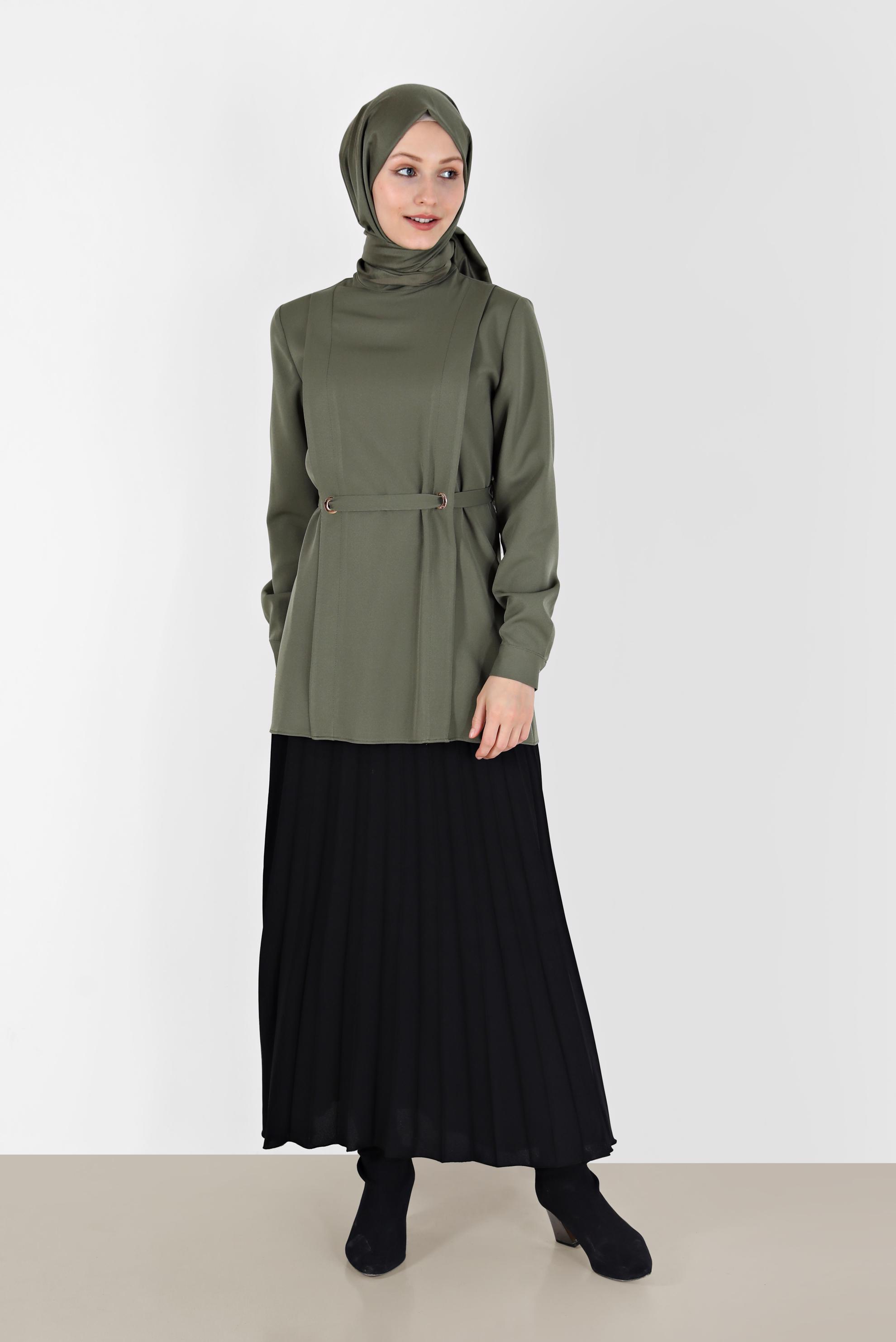 Tesettür giyim HAKİ KUŞGÖZÜ DETAYLI BLUZ 42338 