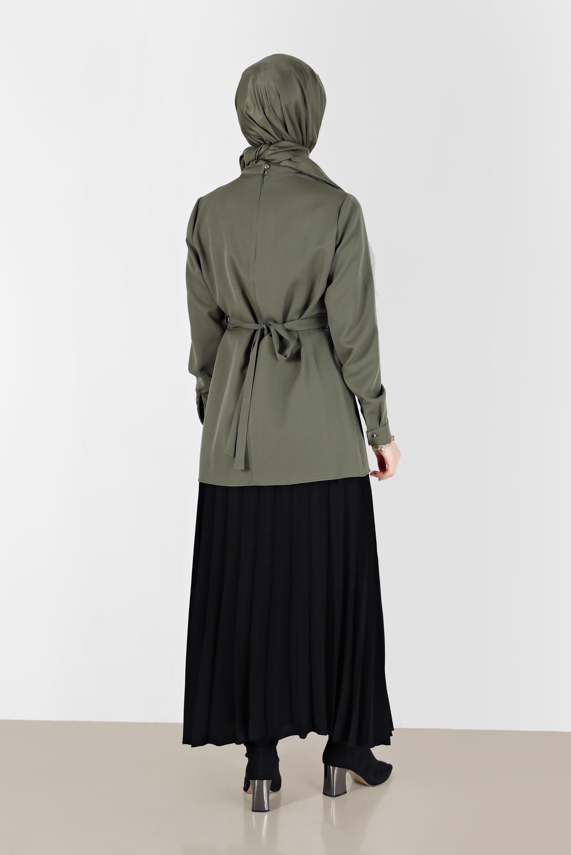 Tesettür giyim HAKİ KUŞGÖZÜ DETAYLI BLUZ 42338 