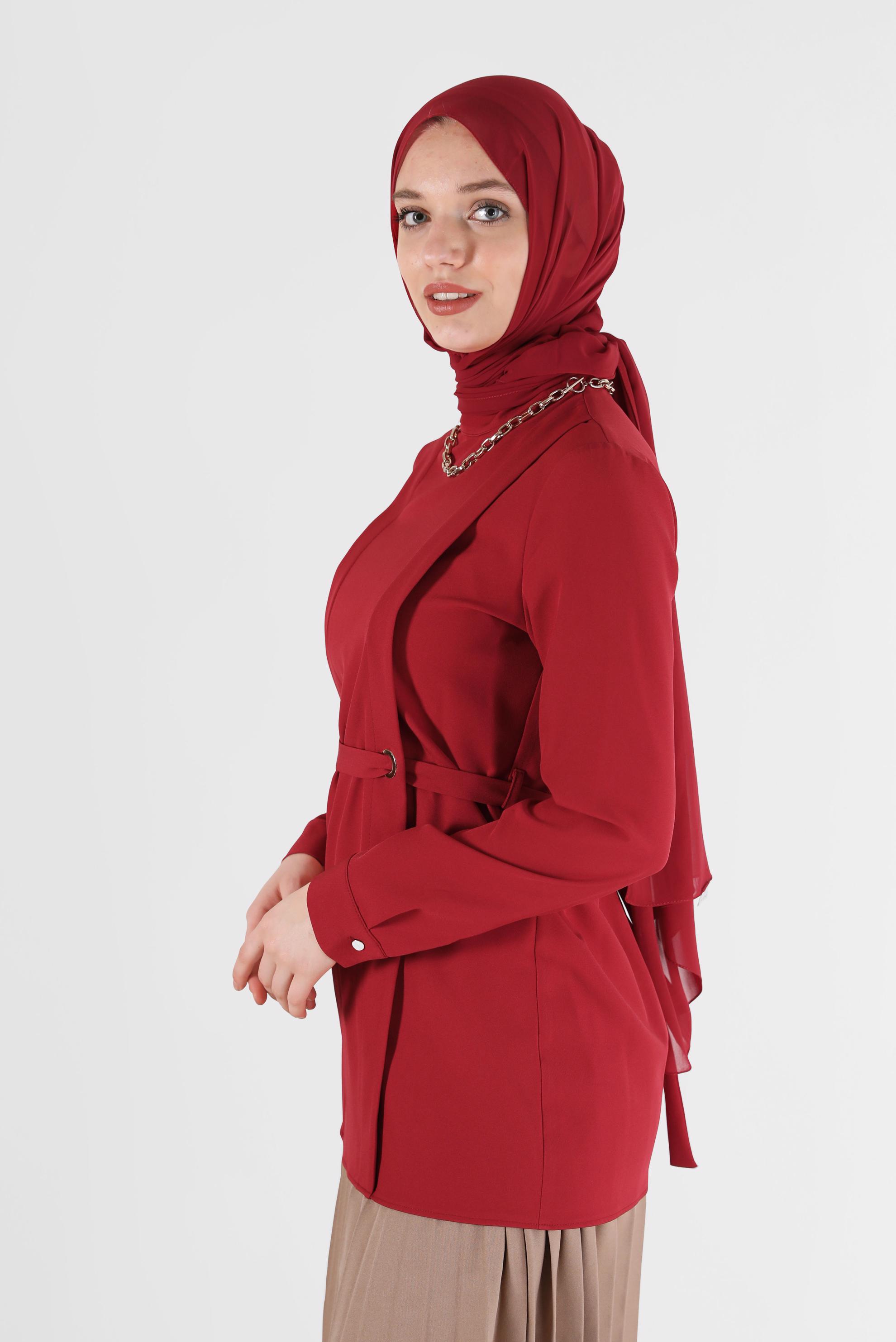 Tesettür giyim KIRMIZI KUŞGÖZÜ DETAYLI BLUZ 42338 