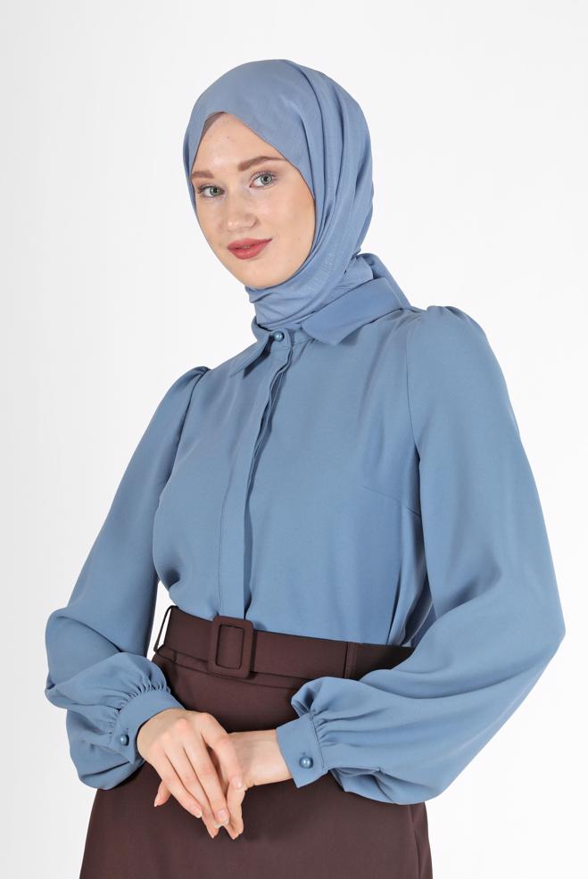 Hijab clothing BLUE INVISIBLE BUTTONED CREPE BLOUSE 42339  - ALVİNA