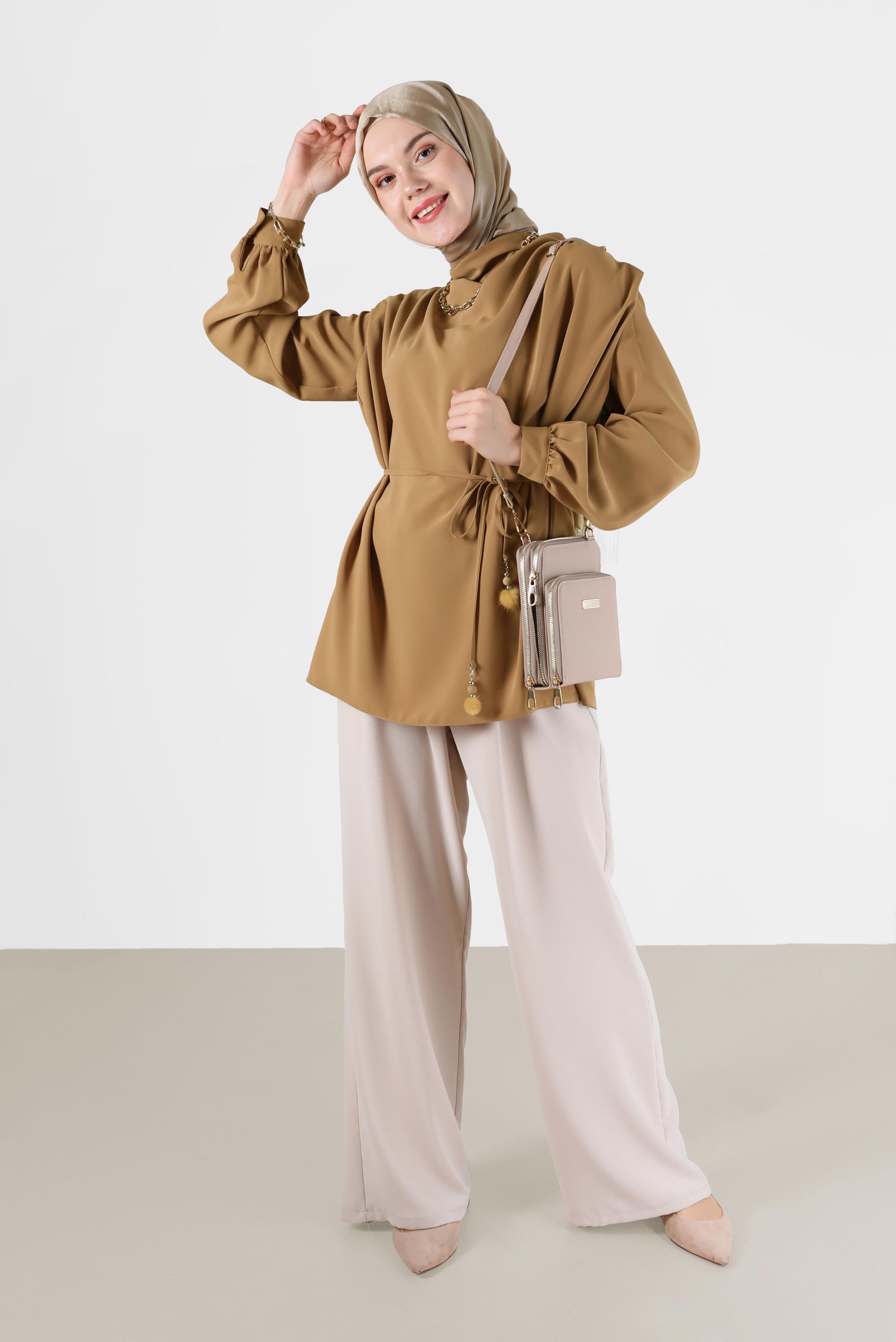 Tesettür giyim SARI BELDEN BAĞLAMALI BLUZ 42340 