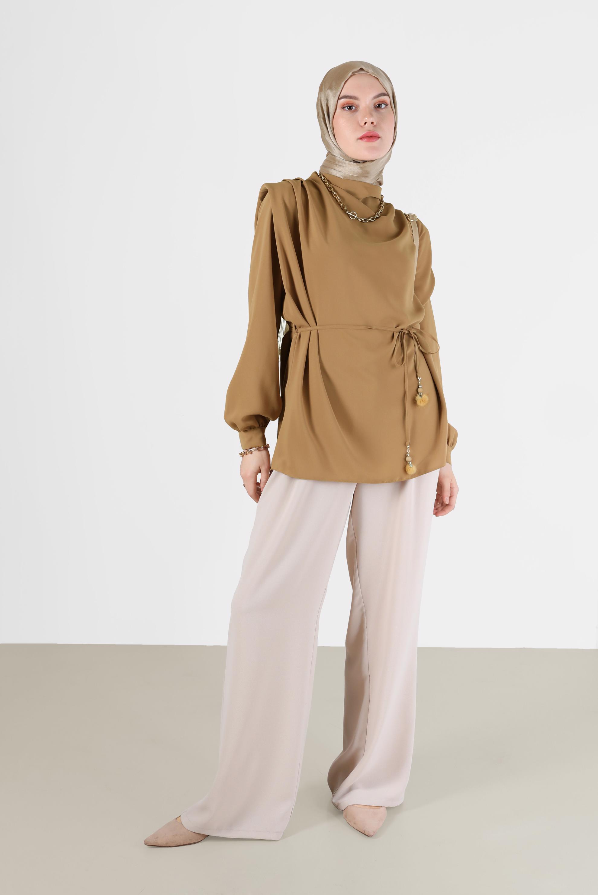 Tesettür giyim SARI BELDEN BAĞLAMALI BLUZ 42340 