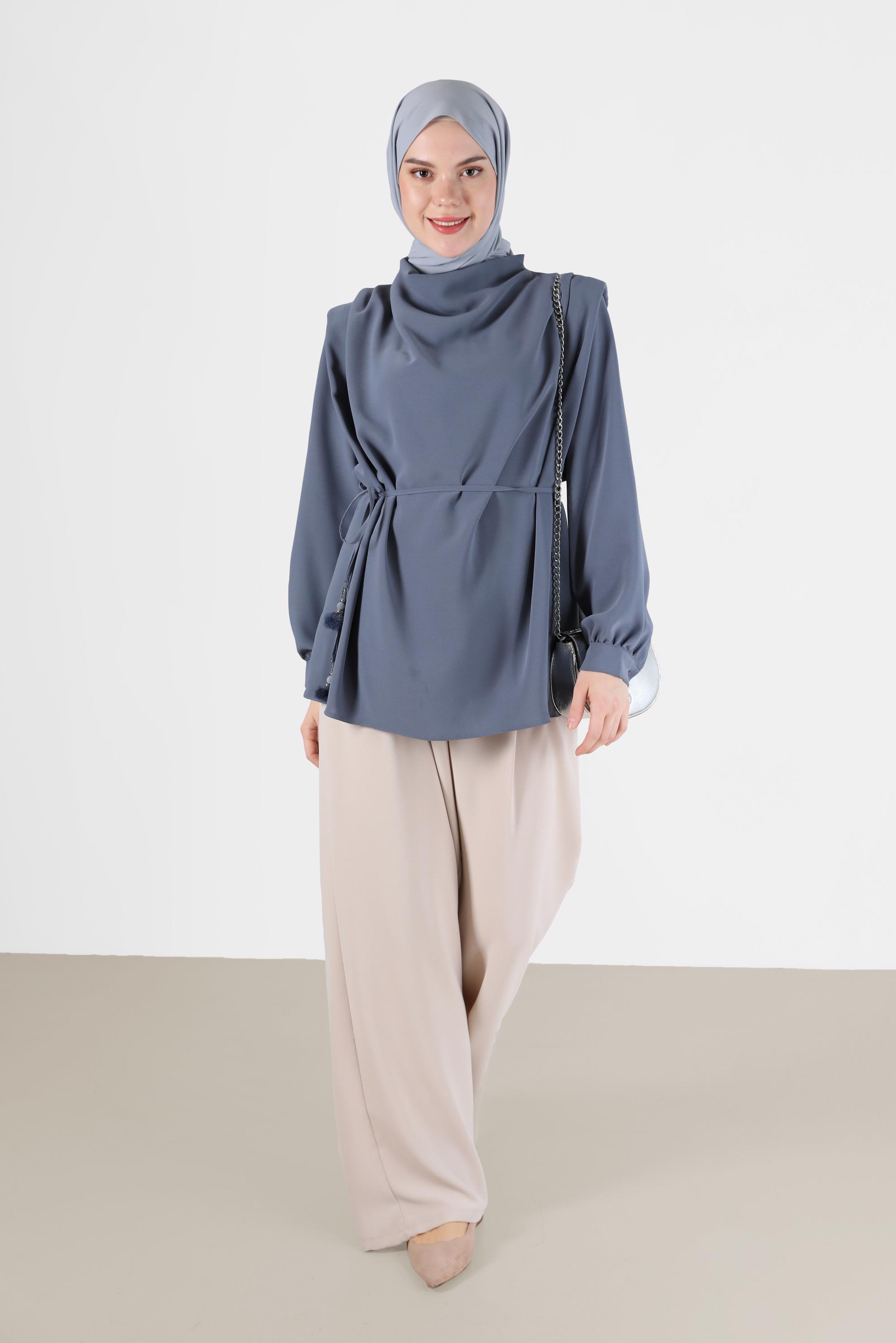 Tesettür giyim GRİ BELDEN BAĞLAMALI BLUZ 42340 