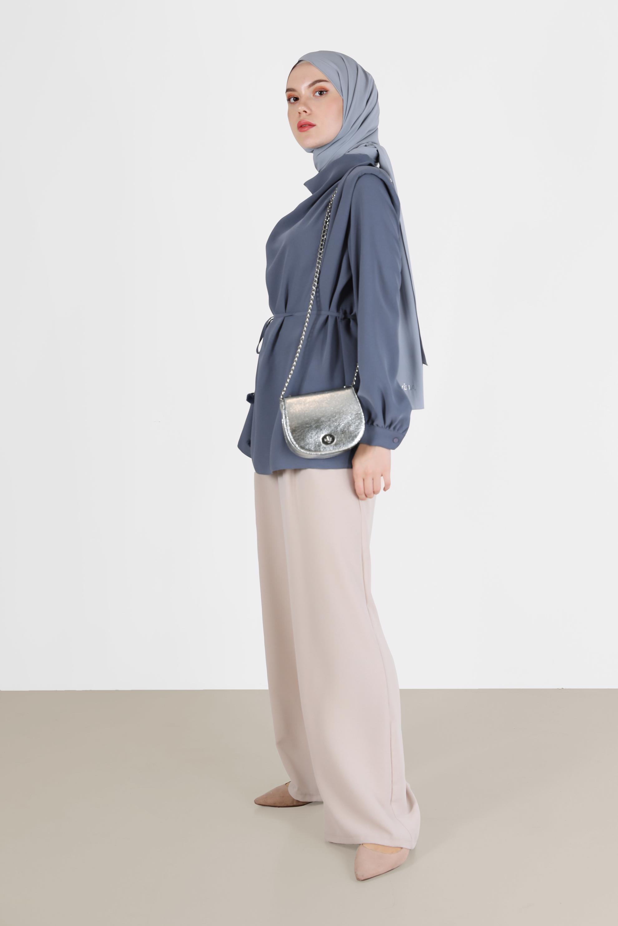 Tesettür giyim GRİ BELDEN BAĞLAMALI BLUZ 42340 