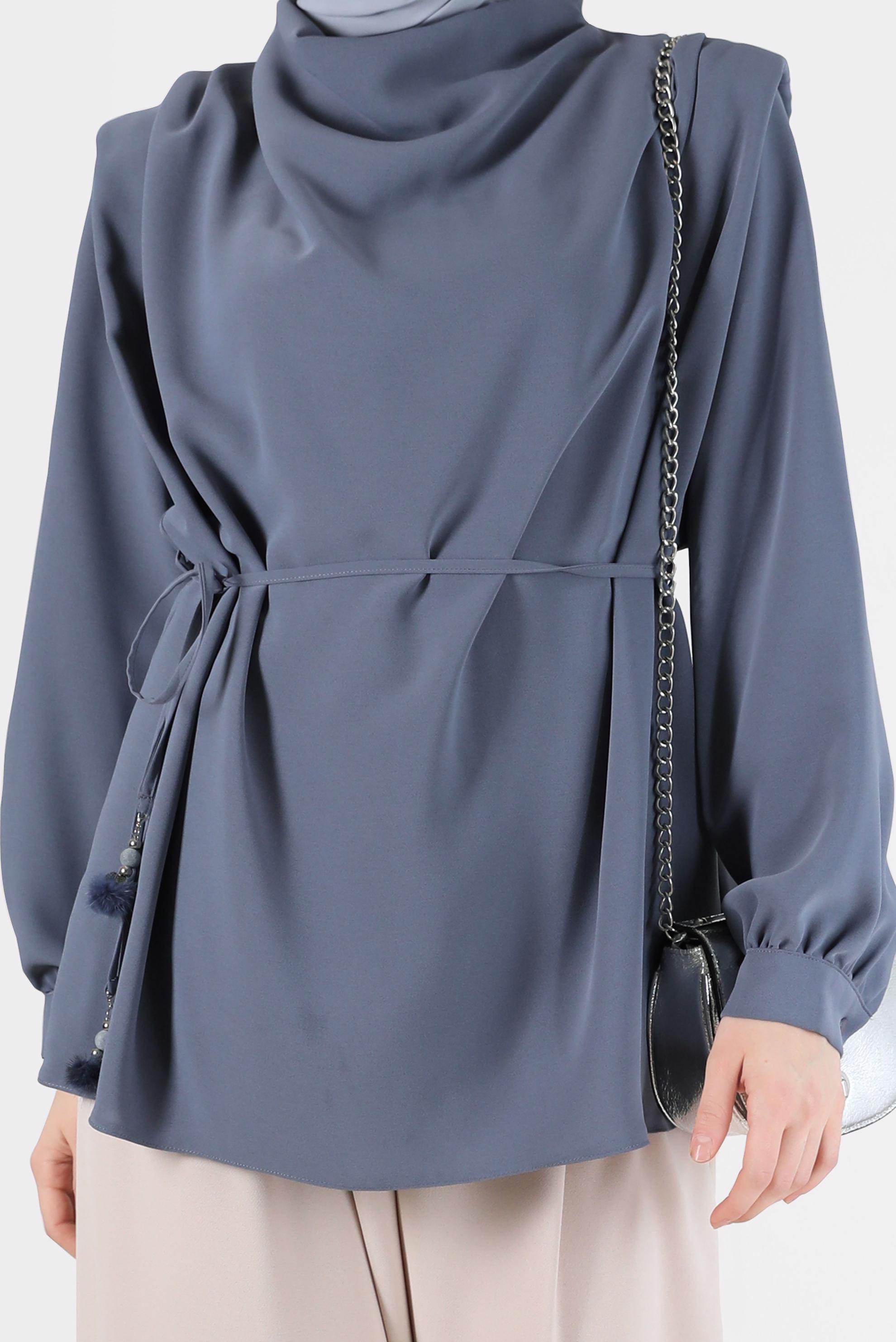 Tesettür giyim GRİ BELDEN BAĞLAMALI BLUZ 42340 