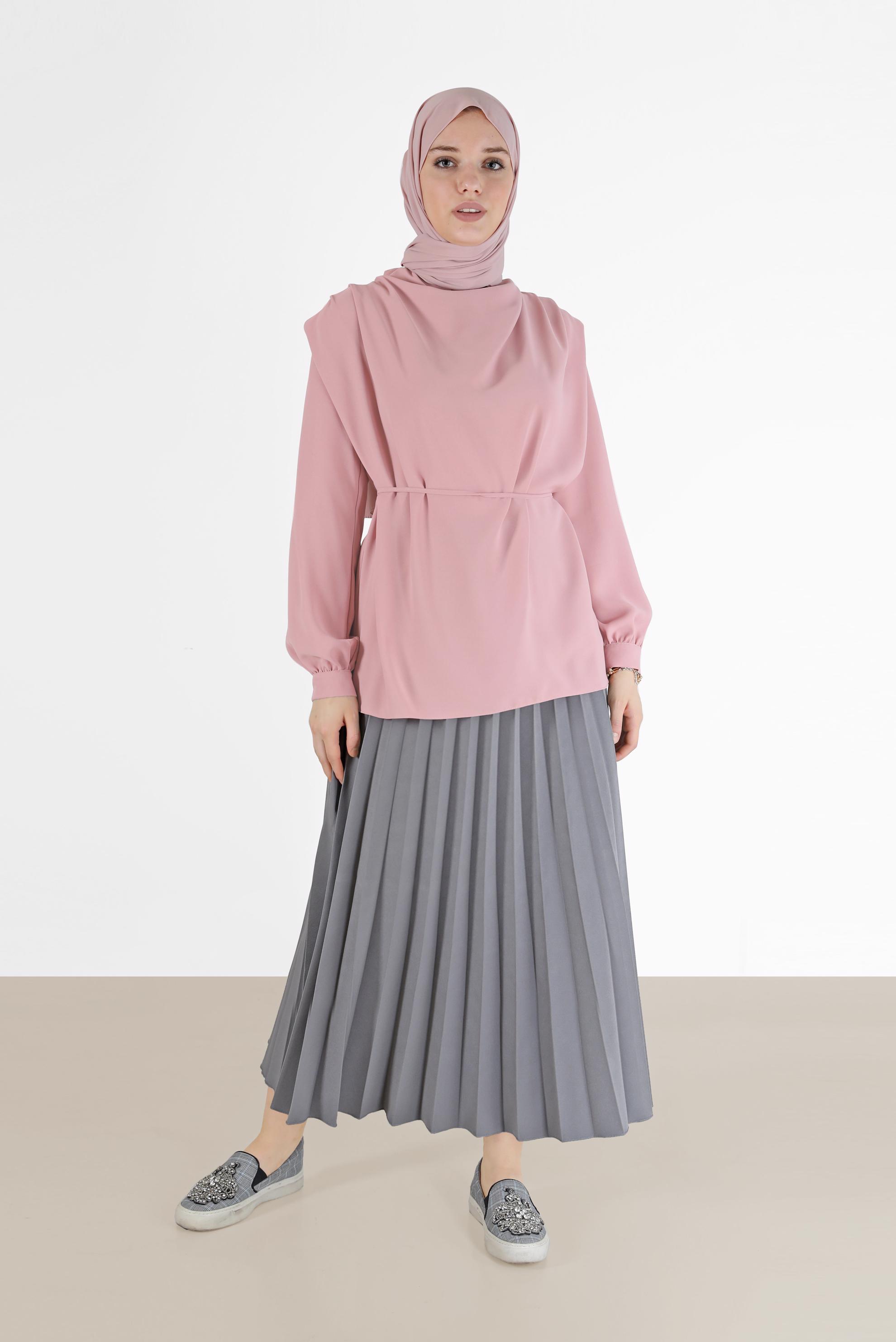 Tesettür giyim PUDRA BELDEN BAĞLAMALI BLUZ 42340 