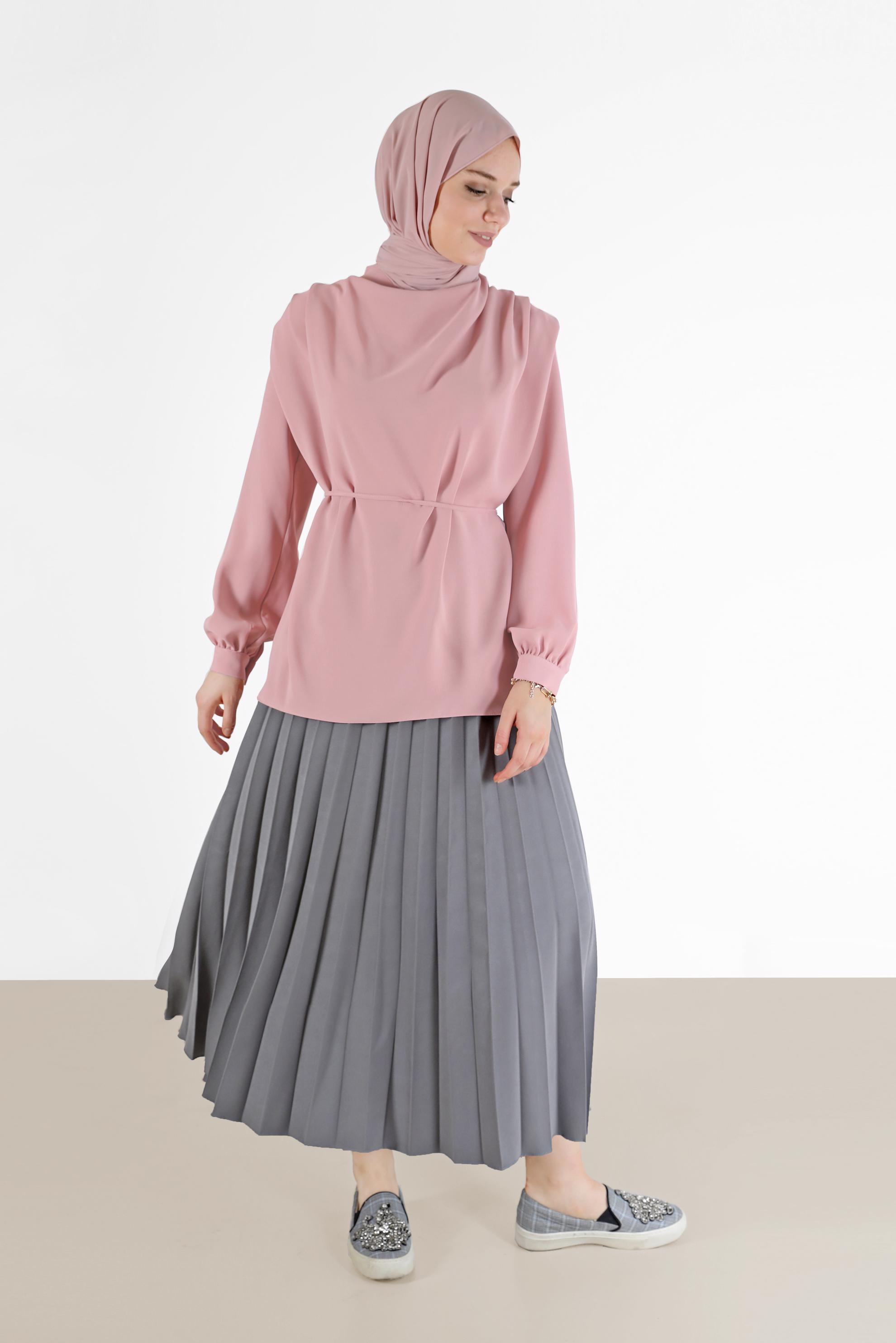 Tesettür giyim PUDRA BELDEN BAĞLAMALI BLUZ 42340 