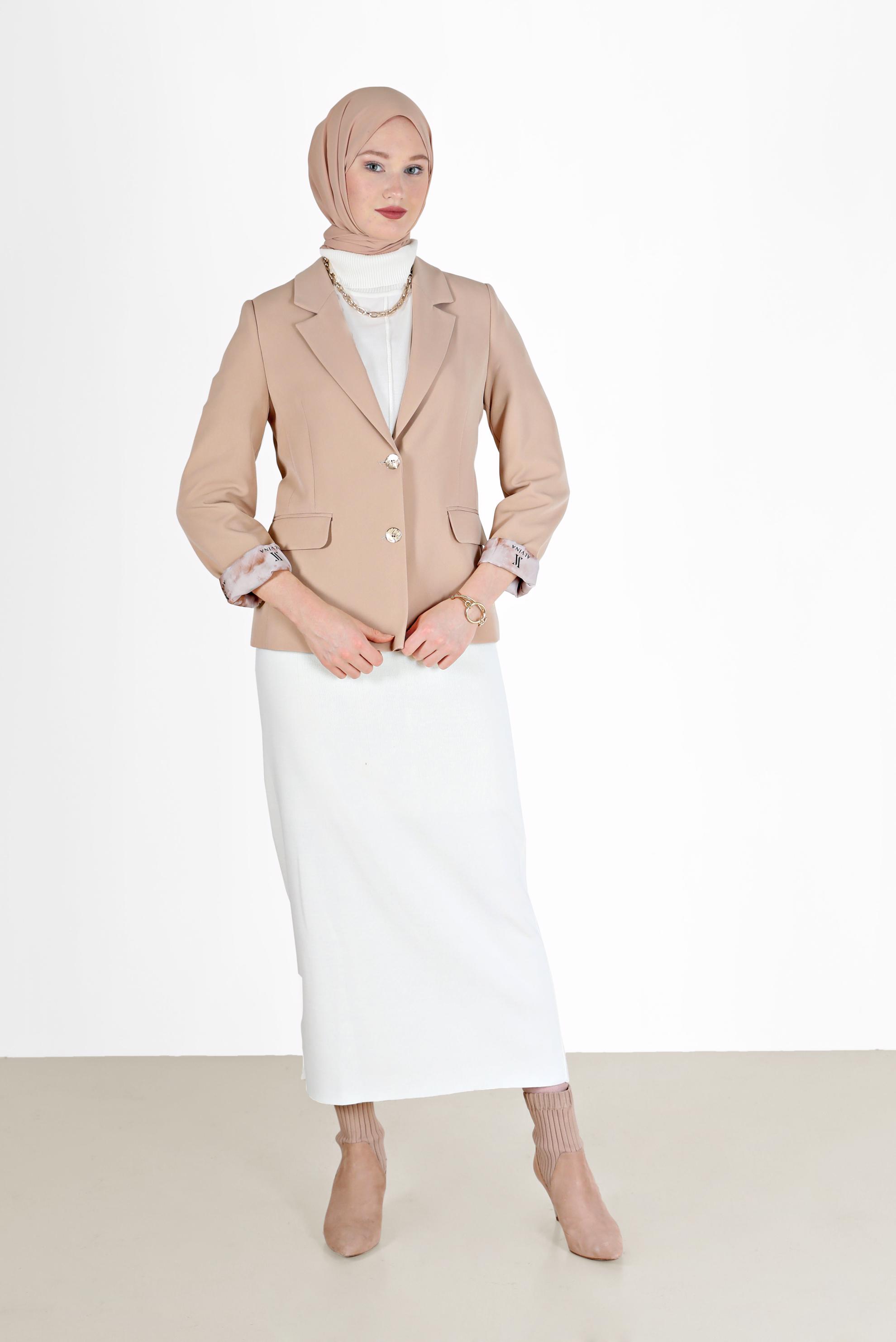 Tesettür giyim BEJ ASTARI BASKILI KLASİK YAKA CEKET 42235 