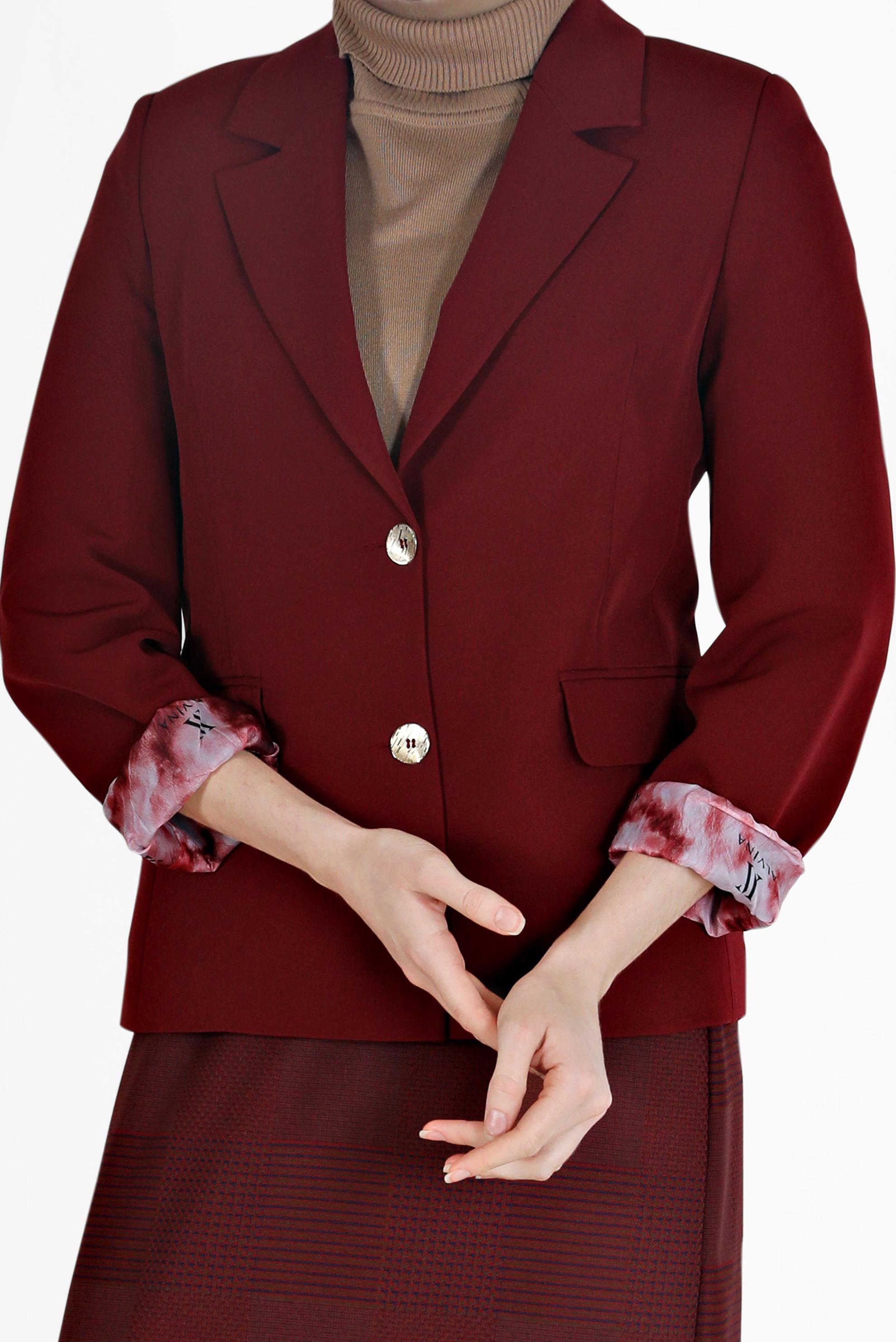 Tesettür giyim BORDO ASTARI BASKILI KLASİK YAKA CEKET 42235 