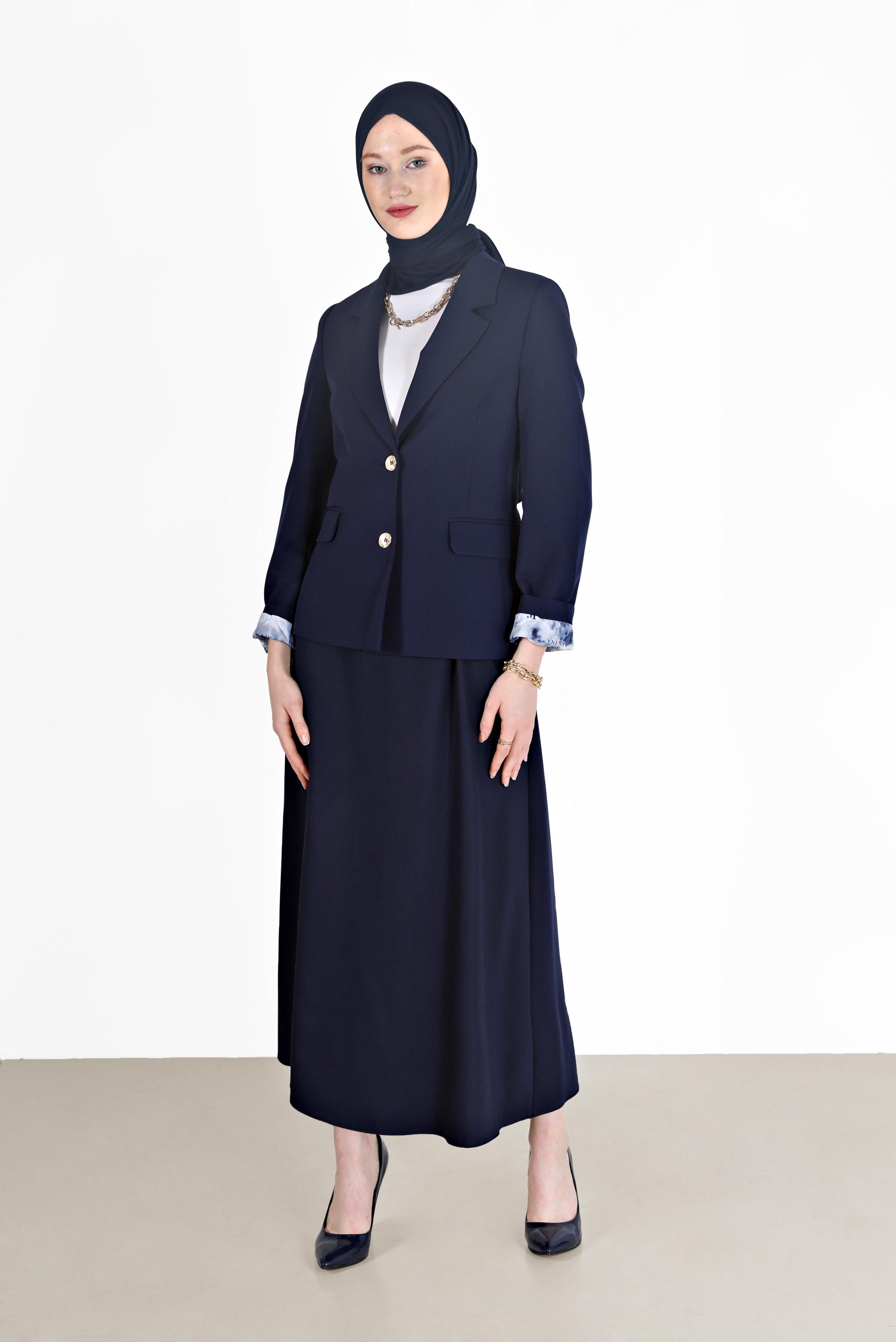 Tesettür giyim LACİVERT ASTARI BASKILI KLASİK YAKA CEKET 42235 