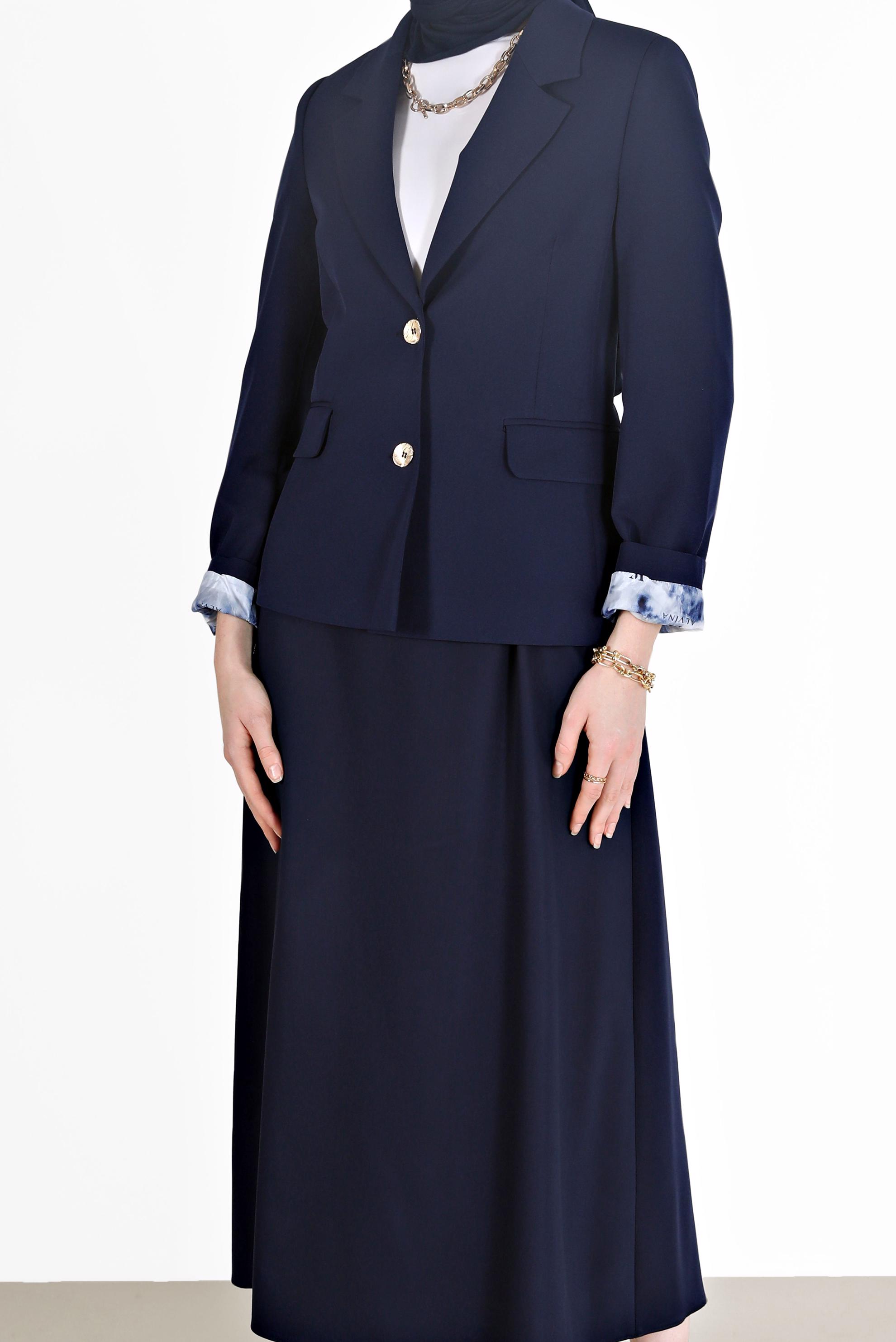 Tesettür giyim LACİVERT ASTARI BASKILI KLASİK YAKA CEKET 42235 