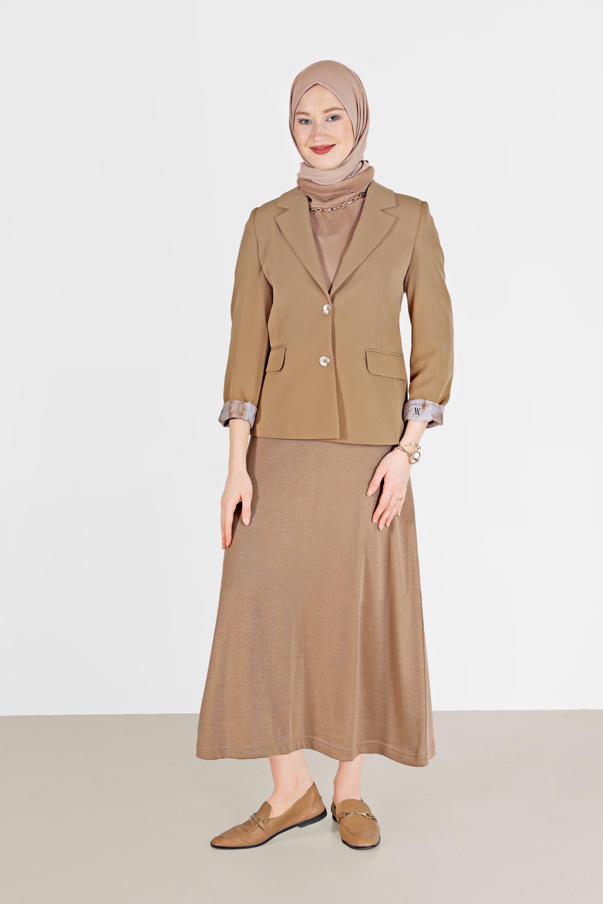 Tesettür giyim KAHVE ASTARI BASKILI KLASİK YAKA CEKET 42235 