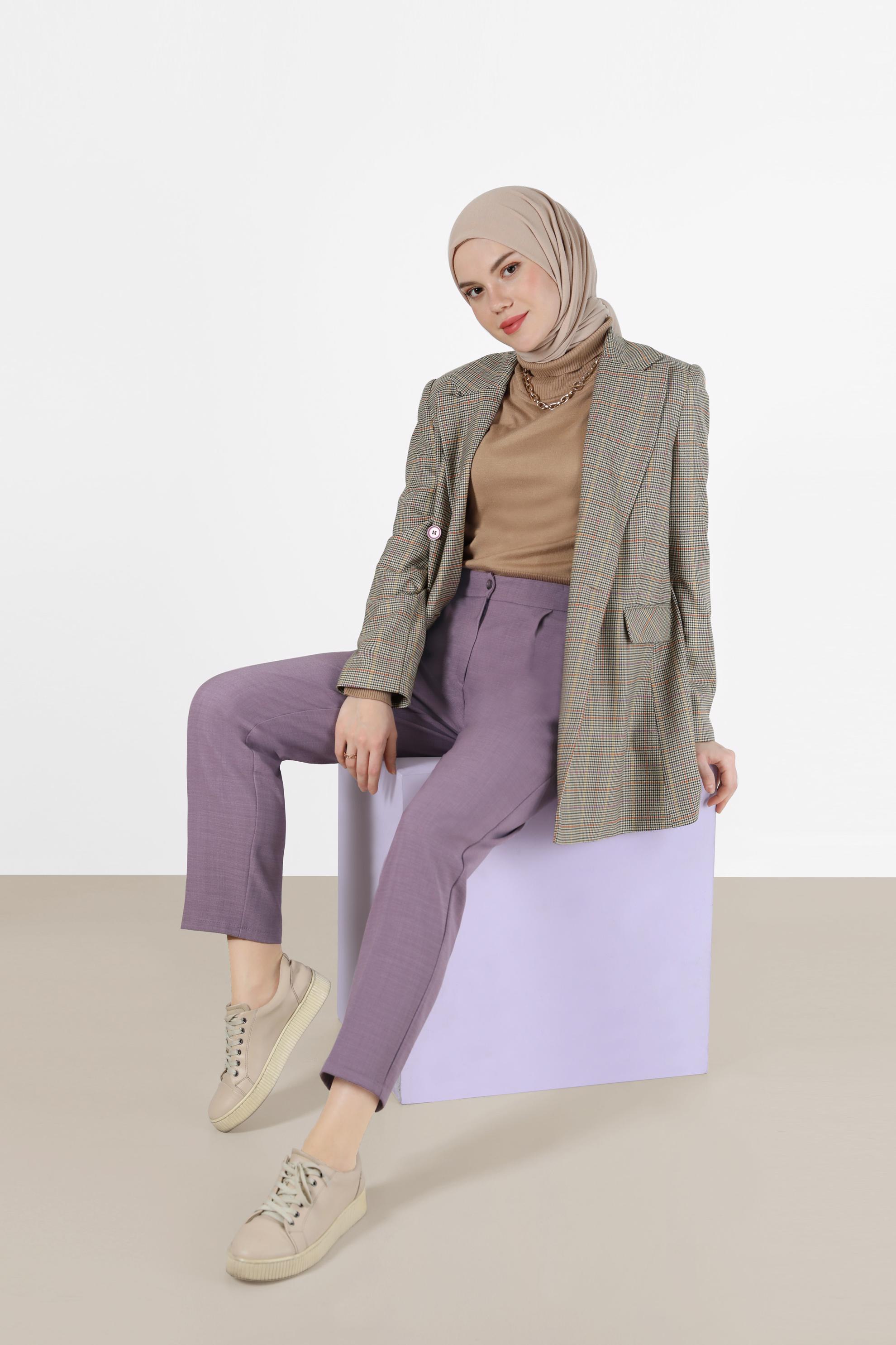 Tesettür giyim BEJ CEP DETAYLI KLASİK YAKA EKOSE CEKET 42236 