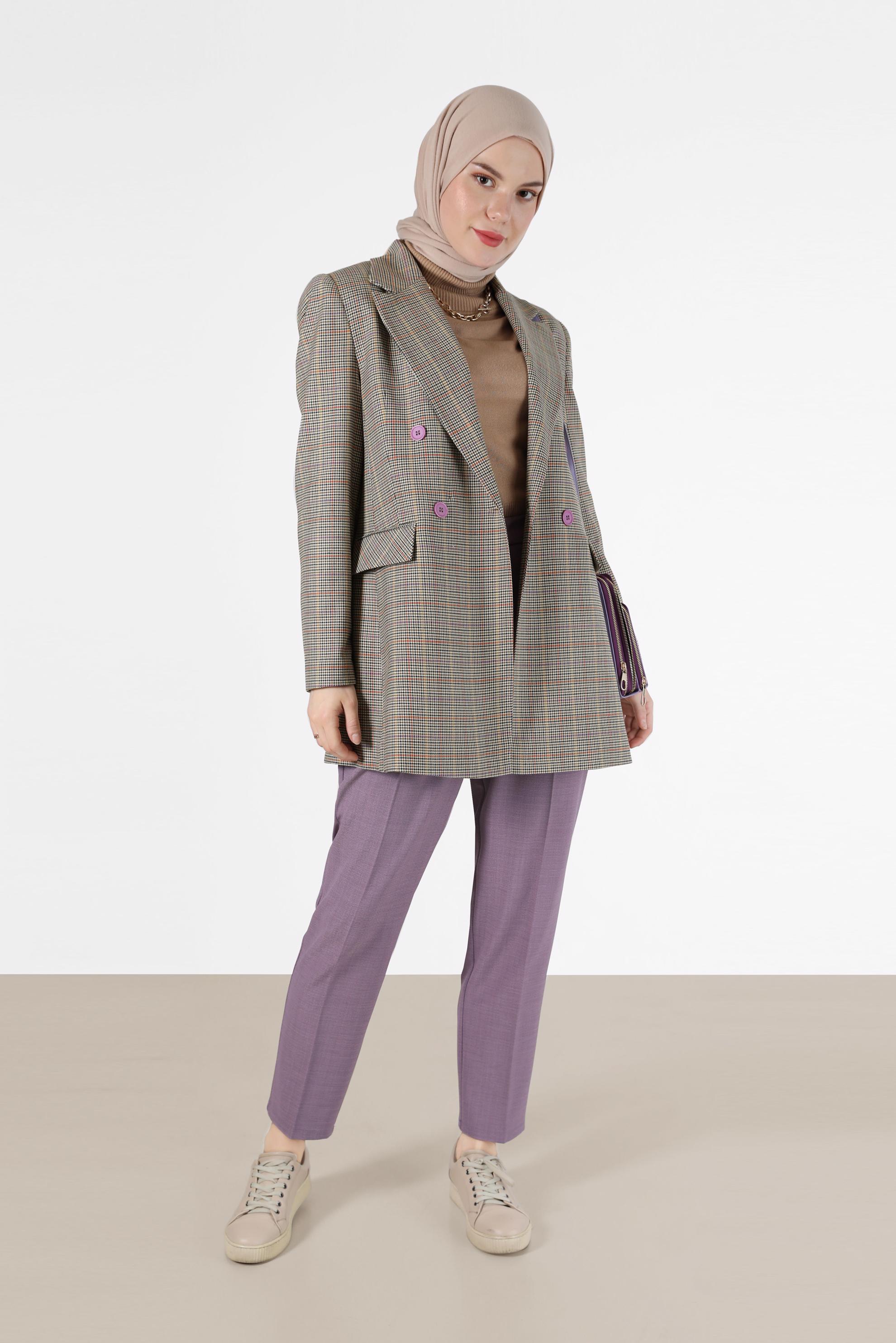 Tesettür giyim BEJ CEP DETAYLI KLASİK YAKA EKOSE CEKET 42236 