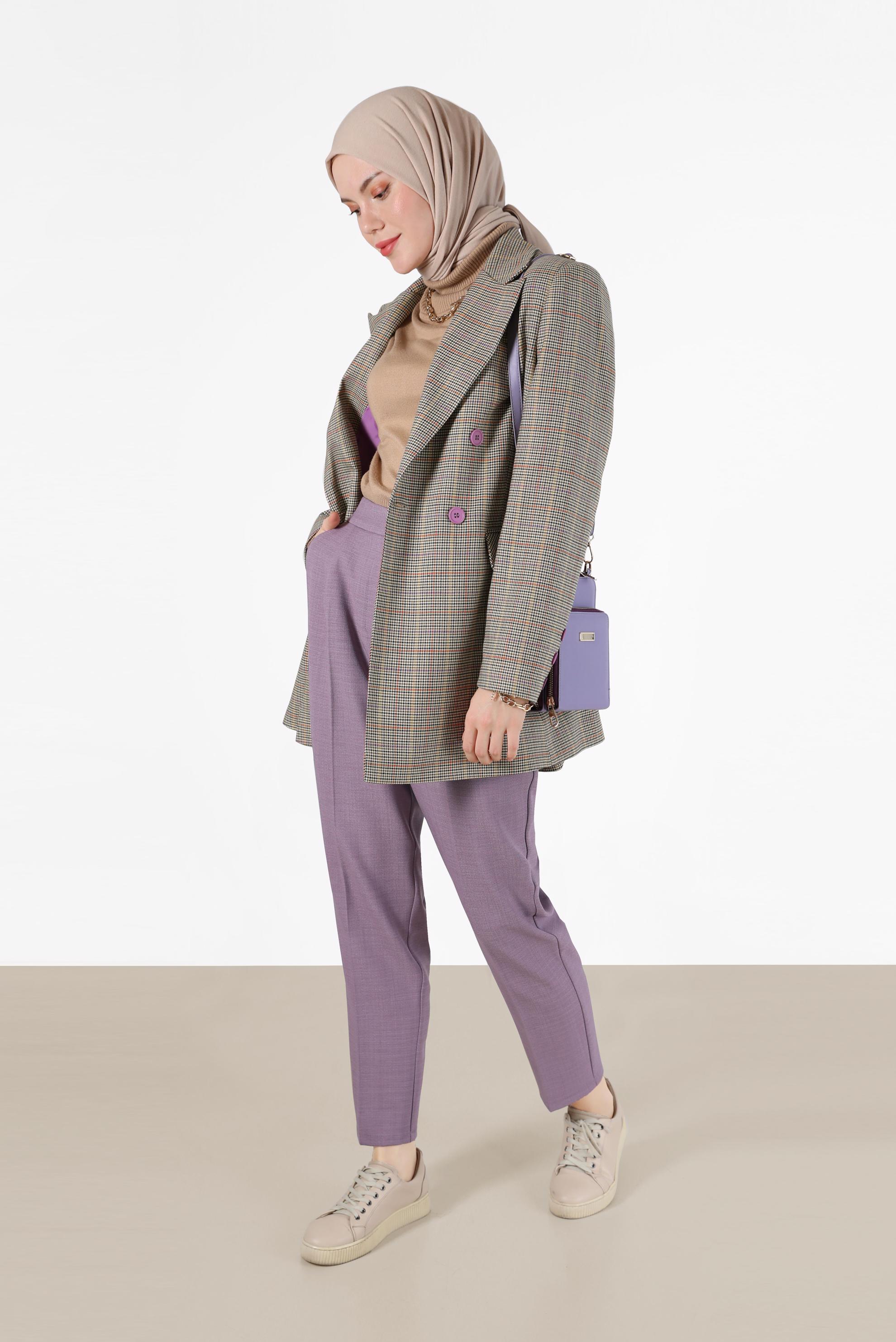 Tesettür giyim BEJ CEP DETAYLI KLASİK YAKA EKOSE CEKET 42236 