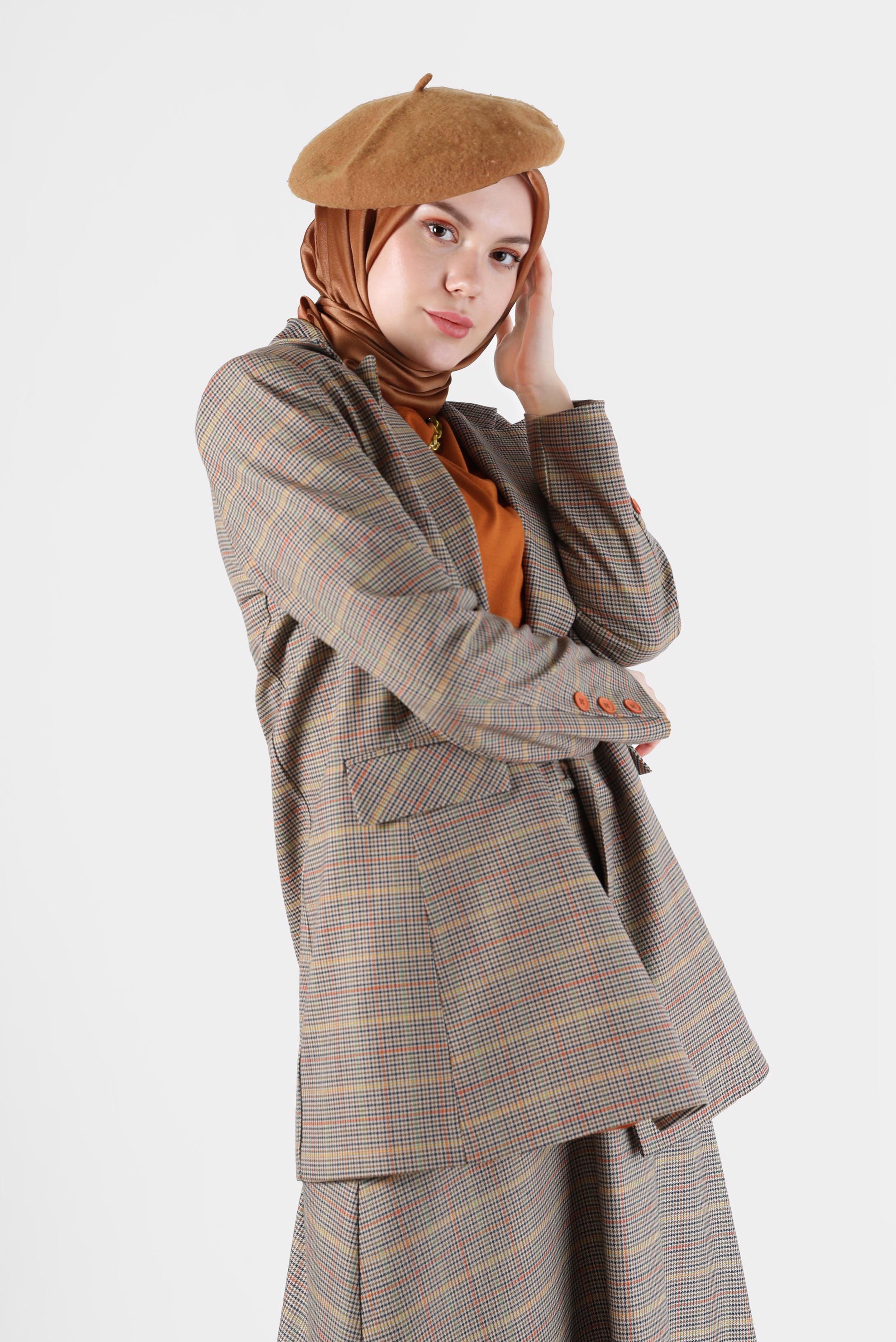 Tesettür giyim KAHVE CEP DETAYLI KLASİK YAKA EKOSE CEKET 42236 