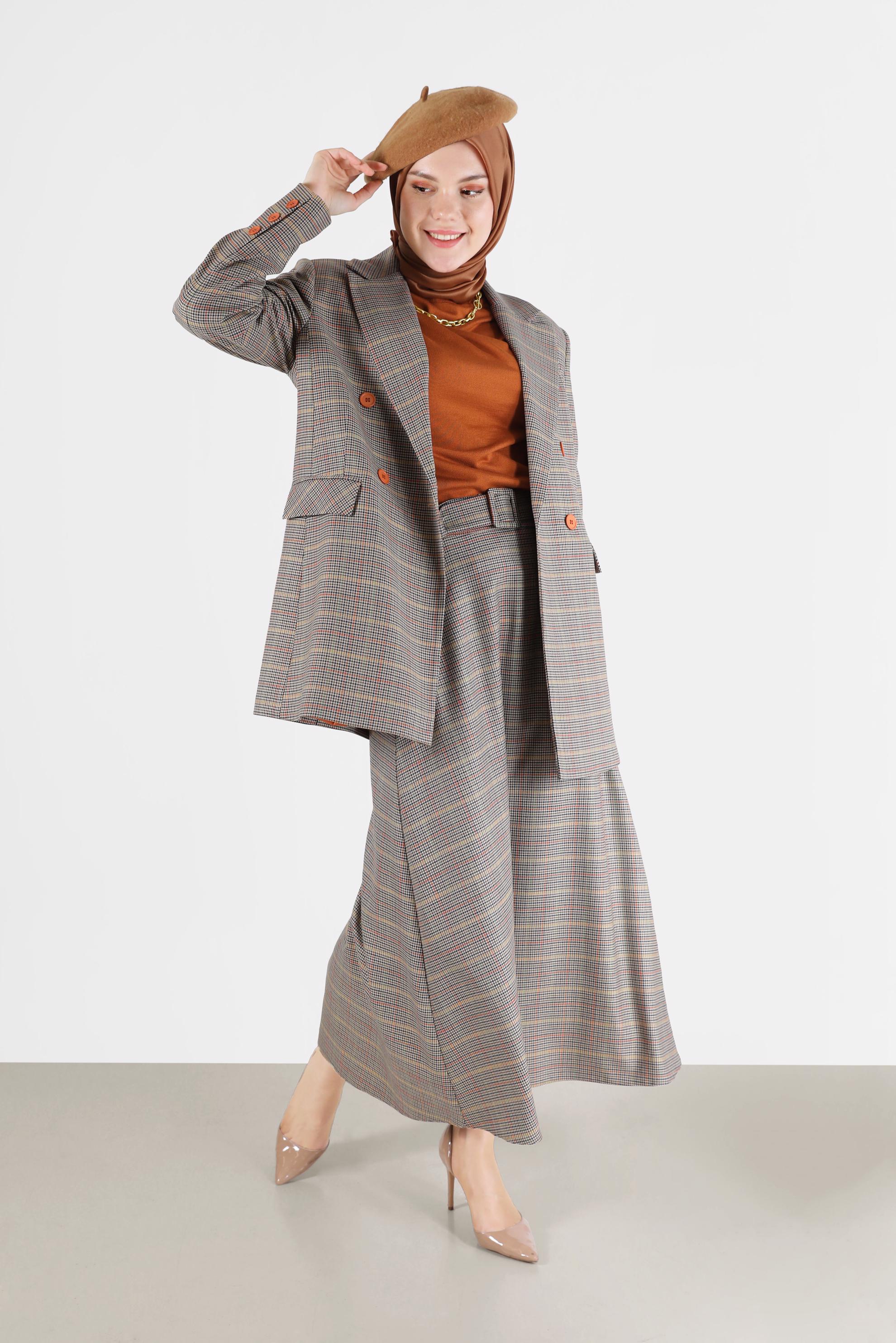 Tesettür giyim KAHVE CEP DETAYLI KLASİK YAKA EKOSE CEKET 42236 