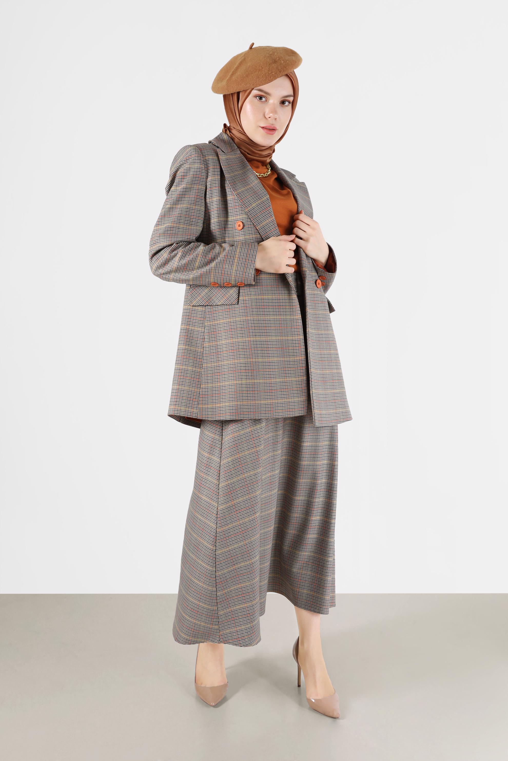 Tesettür giyim KAHVE CEP DETAYLI KLASİK YAKA EKOSE CEKET 42236 