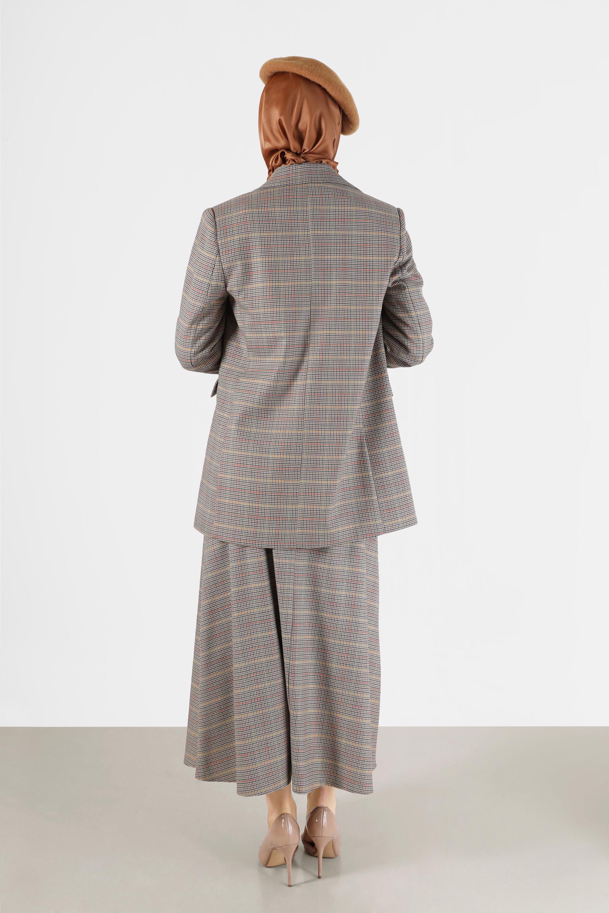 Tesettür giyim KAHVE CEP DETAYLI KLASİK YAKA EKOSE CEKET 42236 