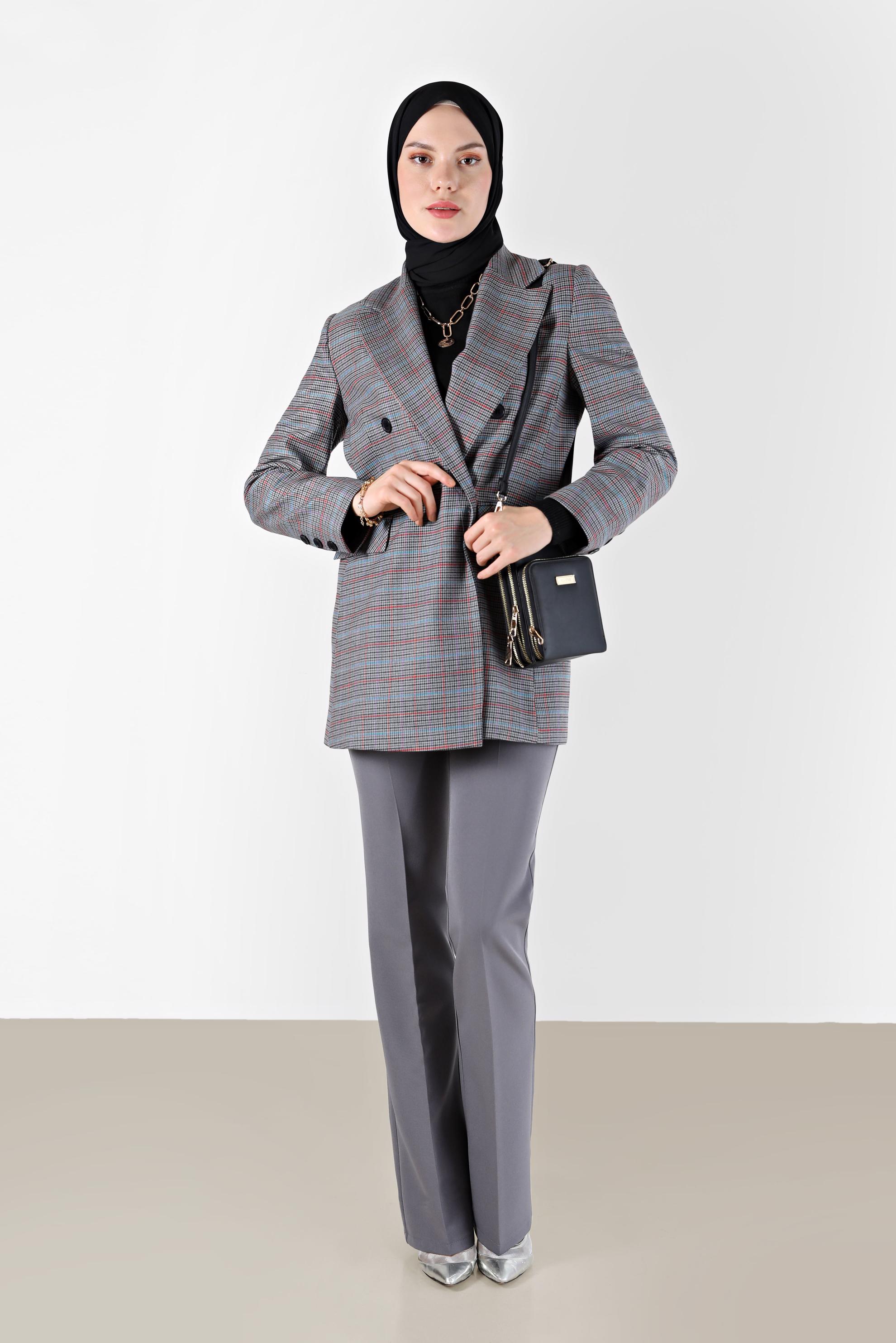 Tesettür giyim GRİ CEP DETAYLI KLASİK YAKA EKOSE CEKET 42236 