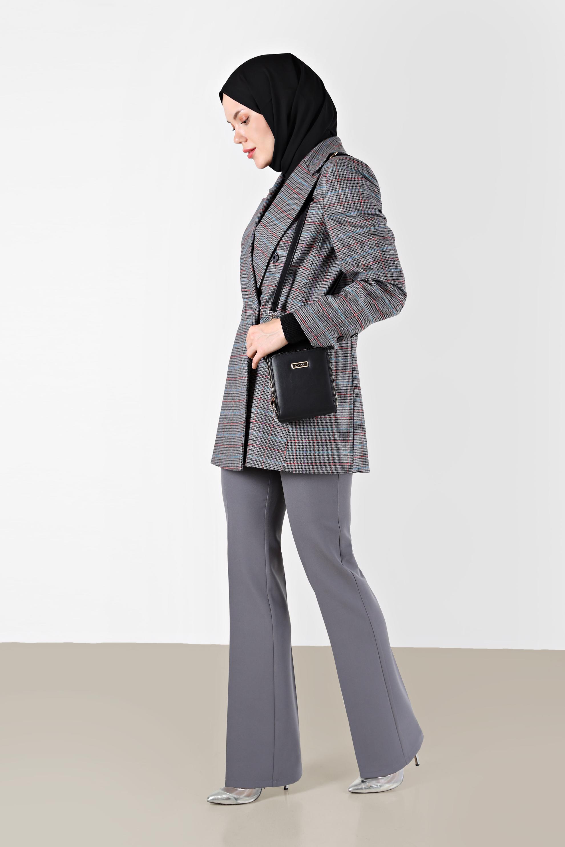 Tesettür giyim GRİ CEP DETAYLI KLASİK YAKA EKOSE CEKET 42236 